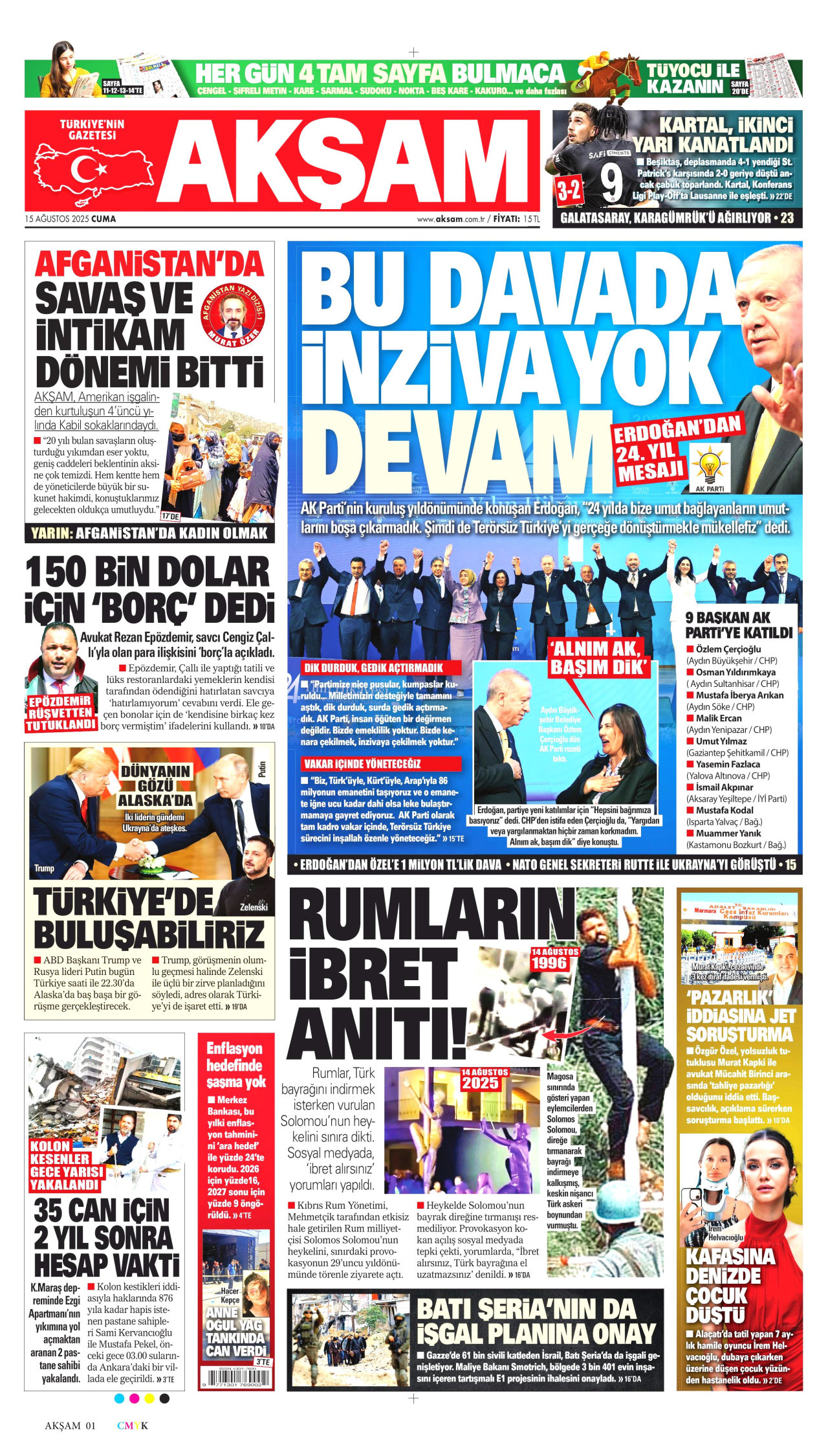 AKŞAM gazetesinin 15 Ağustos 2025 tarihli birinci sayfası