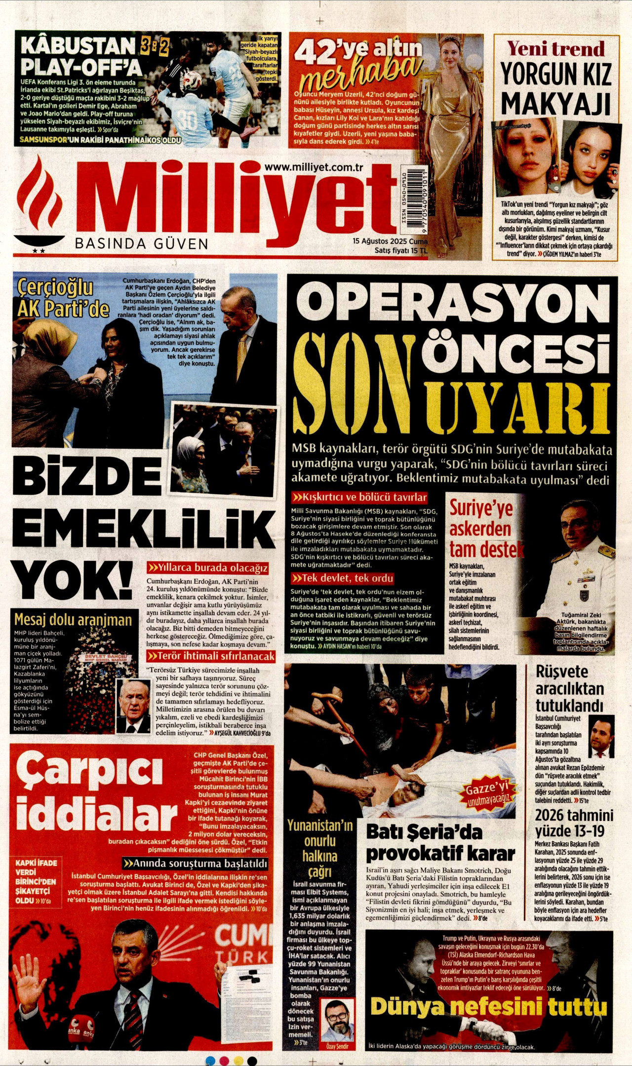 MİLLİYET gazetesinin 15 Ağustos 2025 tarihli birinci sayfası
