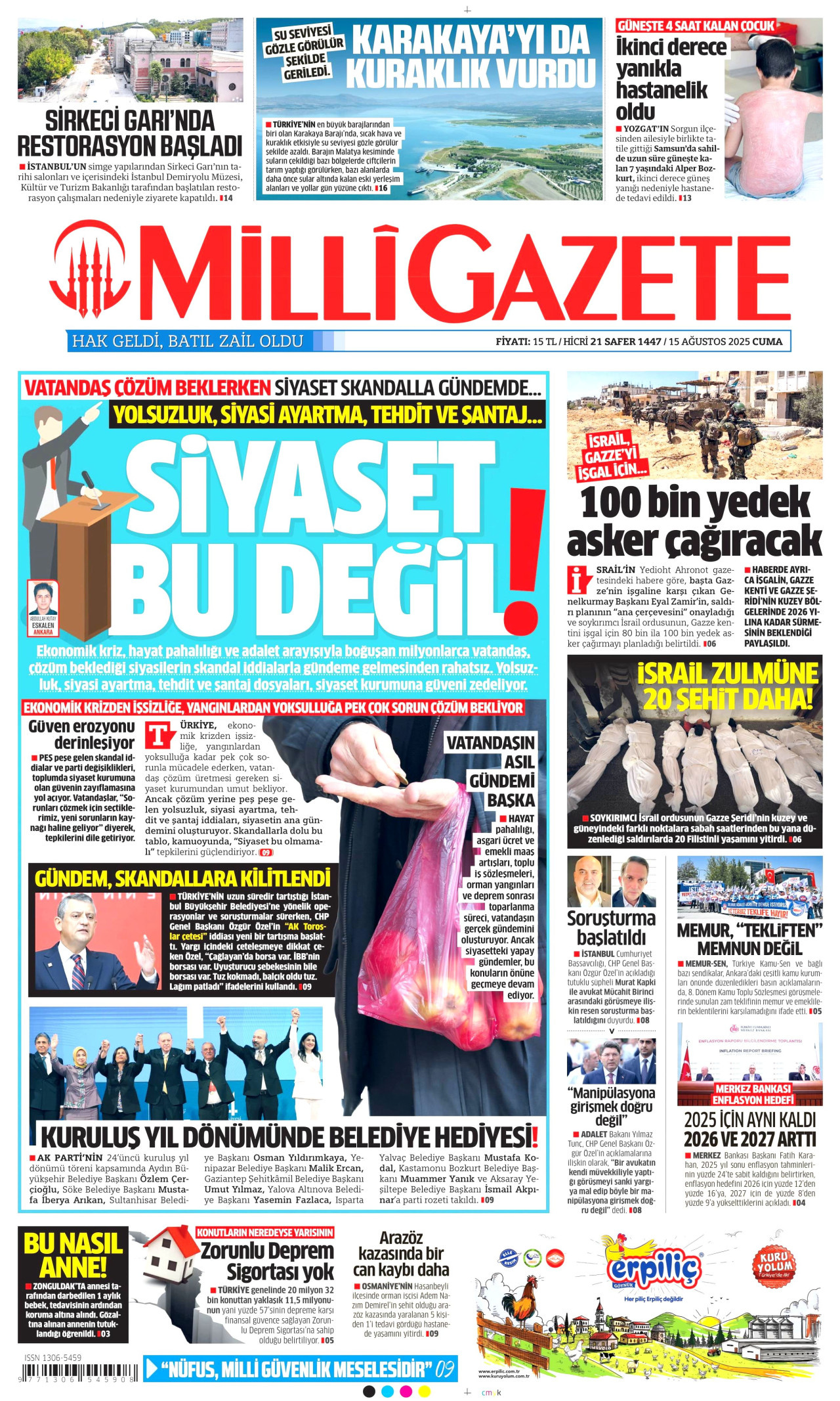 MİLLİ GAZETE gazetesinin 15 Ağustos 2025 tarihli birinci sayfası