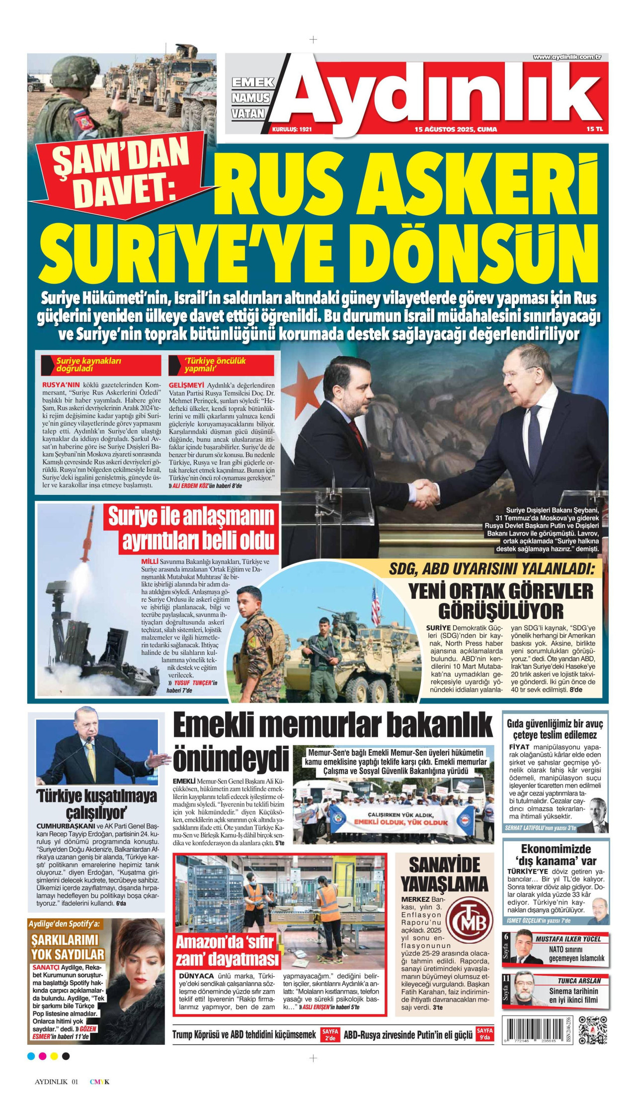 AYDINLIK GAZETESİ gazetesinin 15 Ağustos 2025 tarihli birinci sayfası