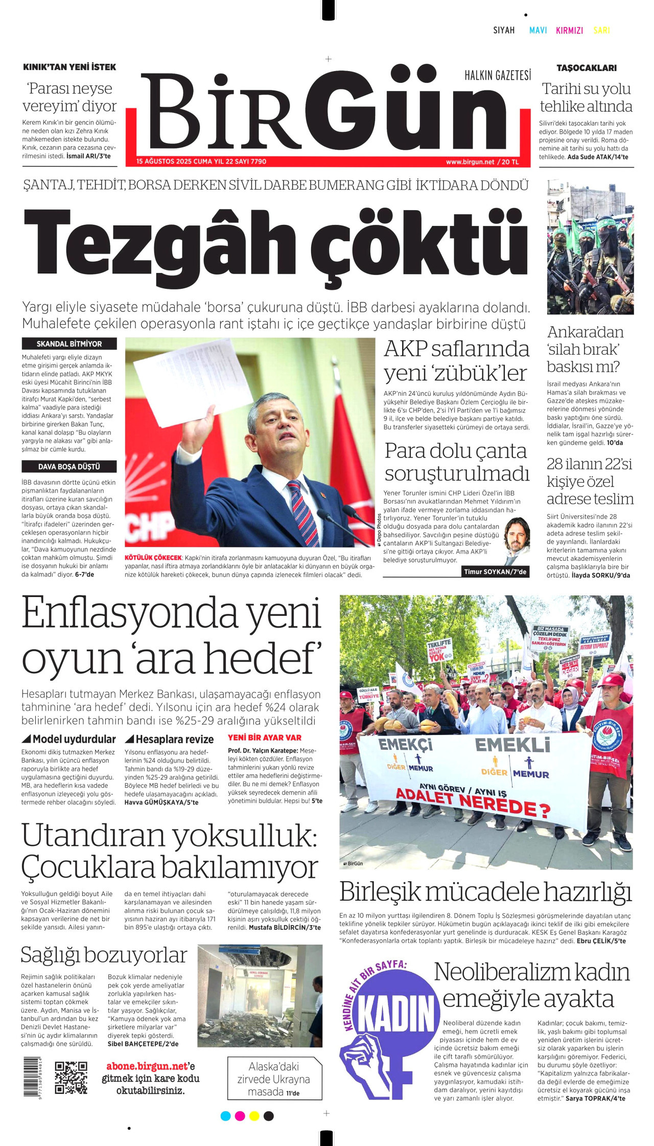 BİRGÜN gazetesinin 15 Ağustos 2025 tarihli birinci sayfası