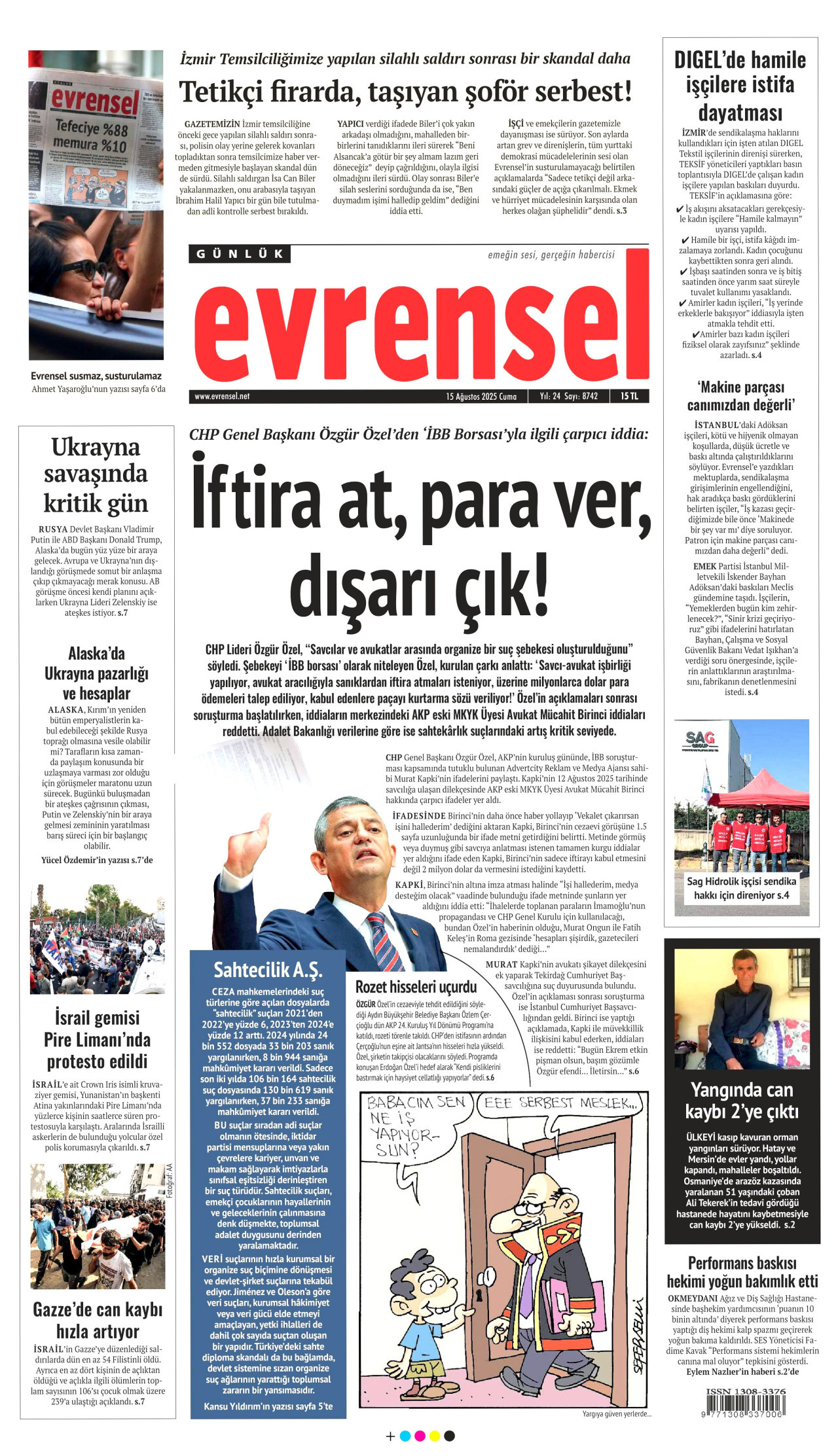 EVRENSEL gazetesinin 15 Ağustos 2025 tarihli birinci sayfası