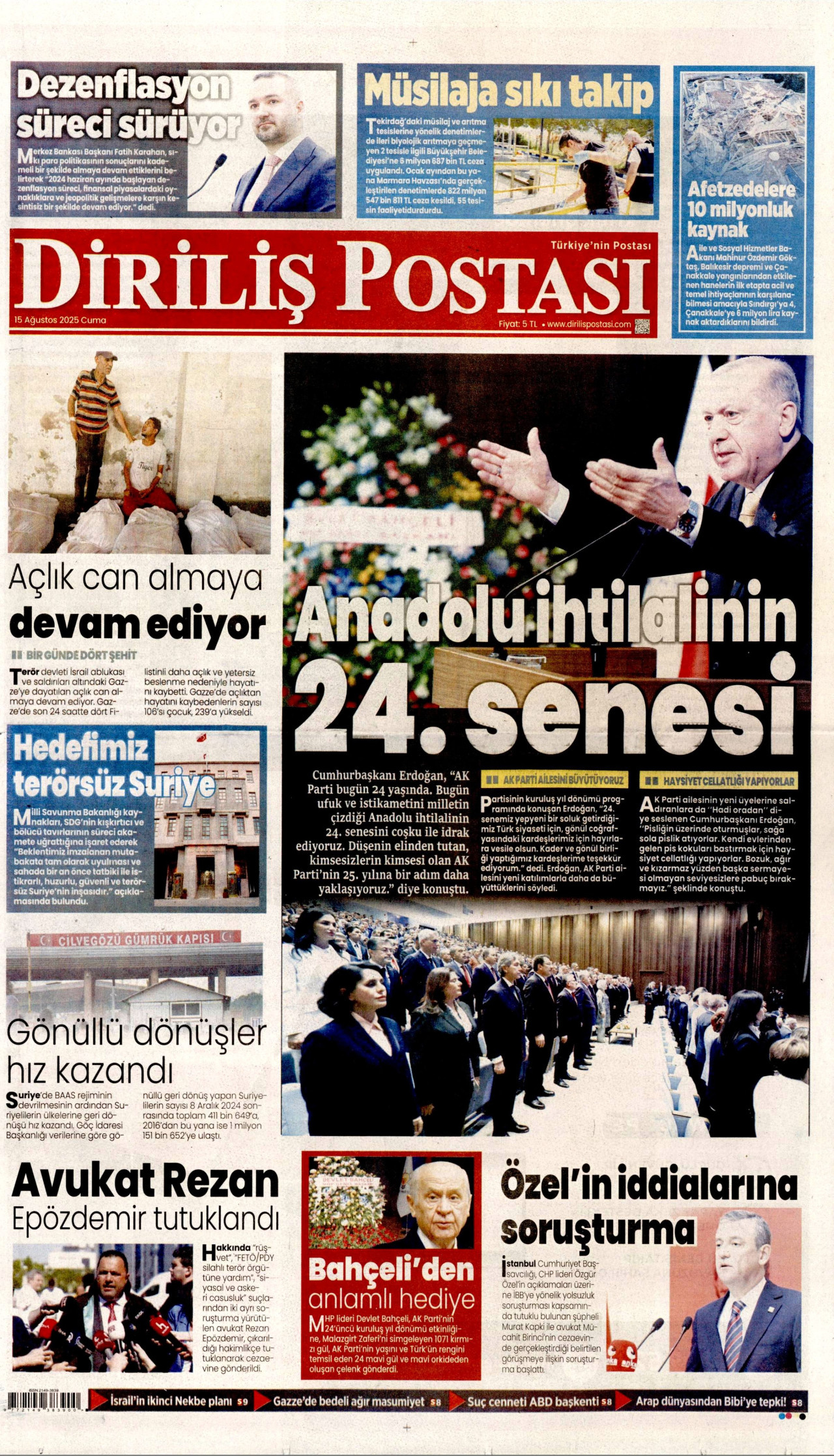 DİRİLİŞ POSTASI gazetesinin 15 Ağustos 2025 tarihli birinci sayfası