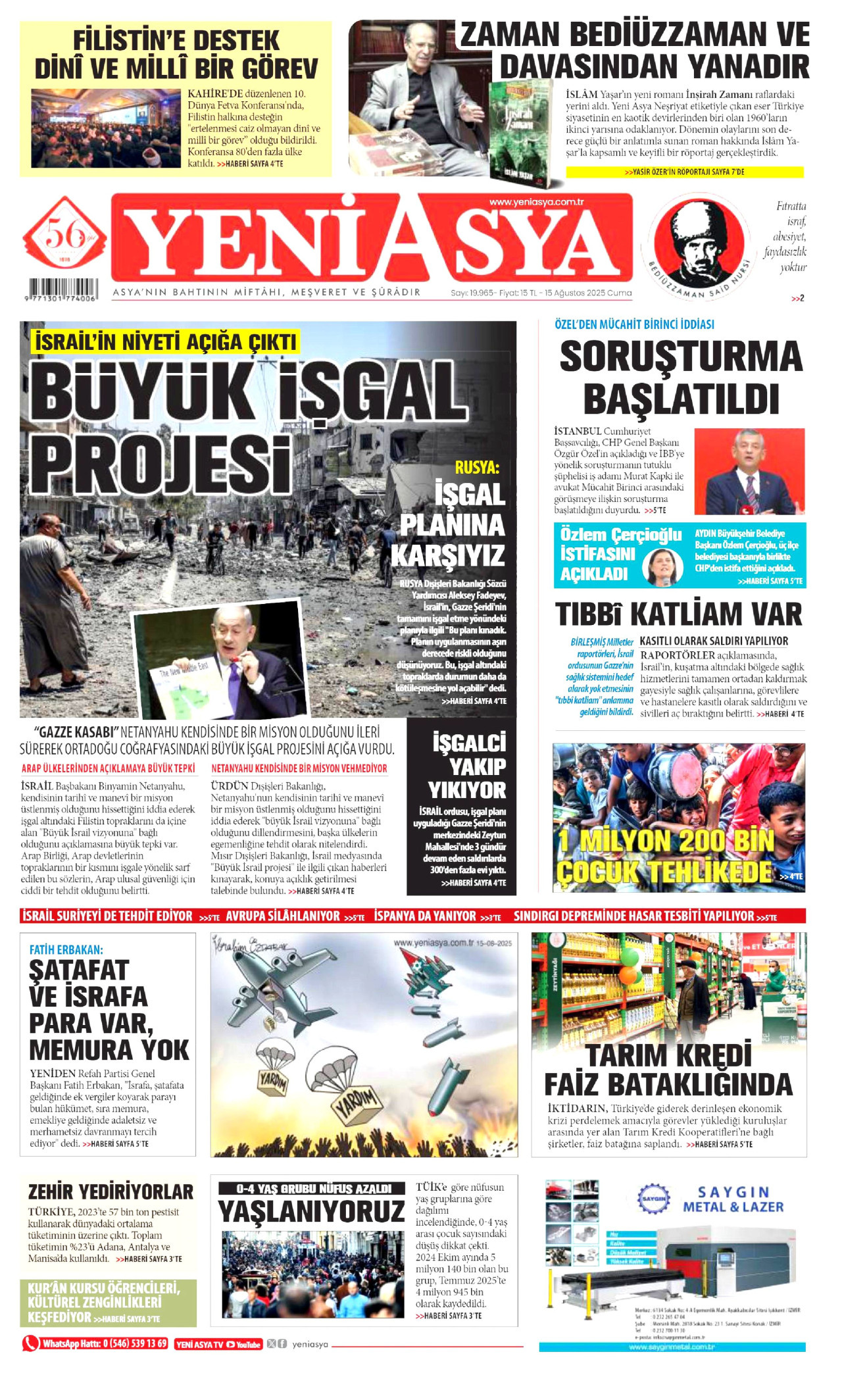 YENİ ASYA gazetesinin 15 Ağustos 2025 tarihli birinci sayfası