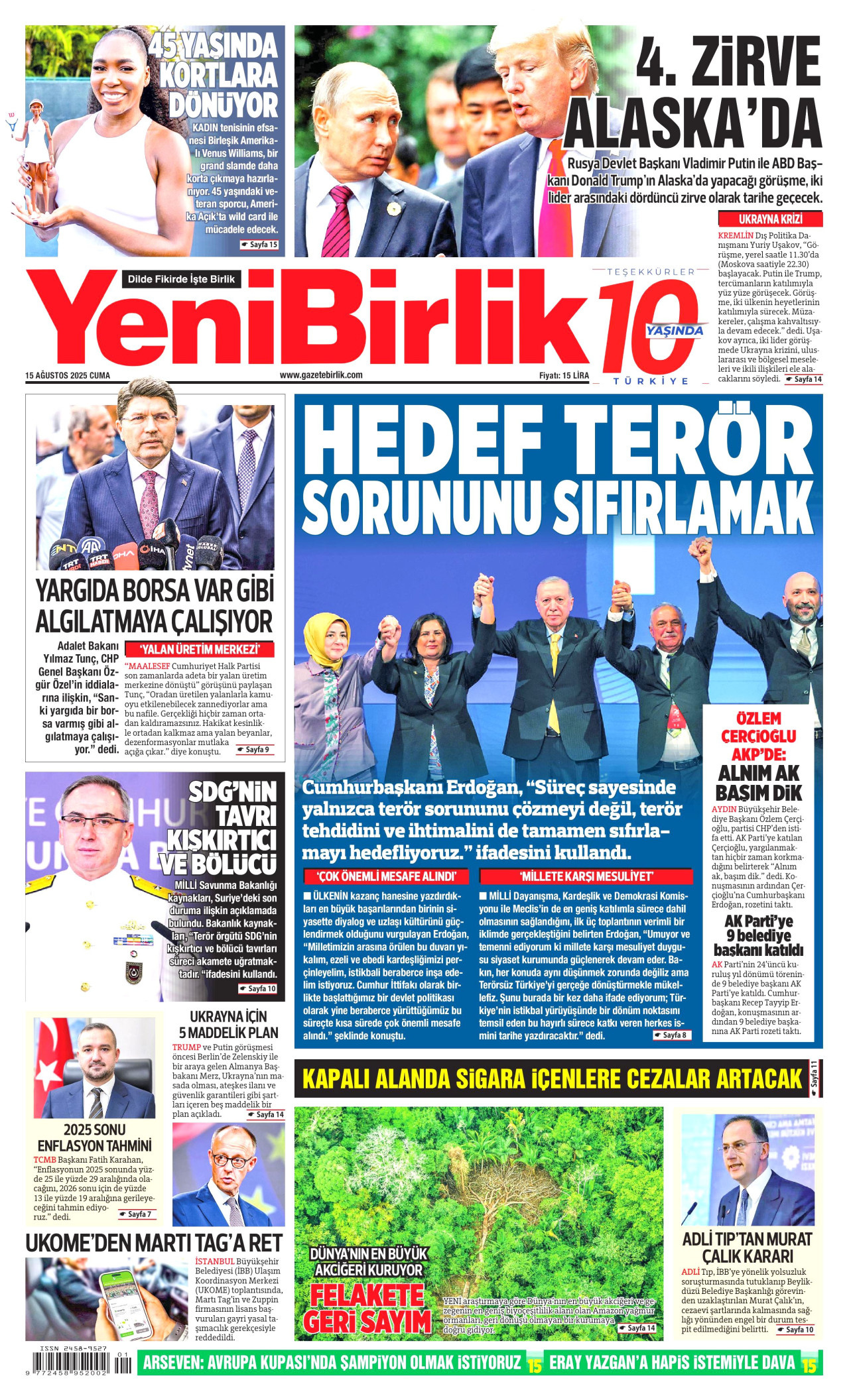 YENİBİRLİK gazetesinin 15 Ağustos 2025 tarihli birinci sayfası