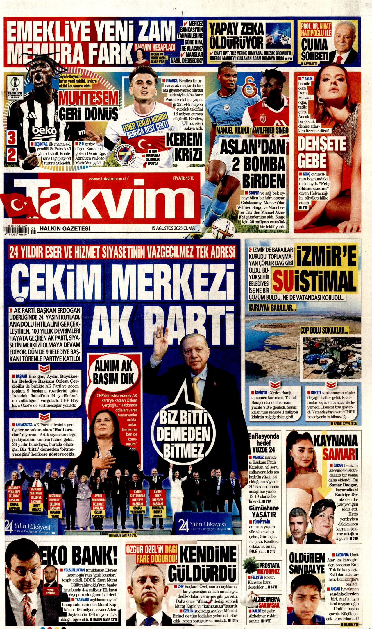 TAKVİM gazetesinin 15 Ağustos 2025 tarihli birinci sayfası