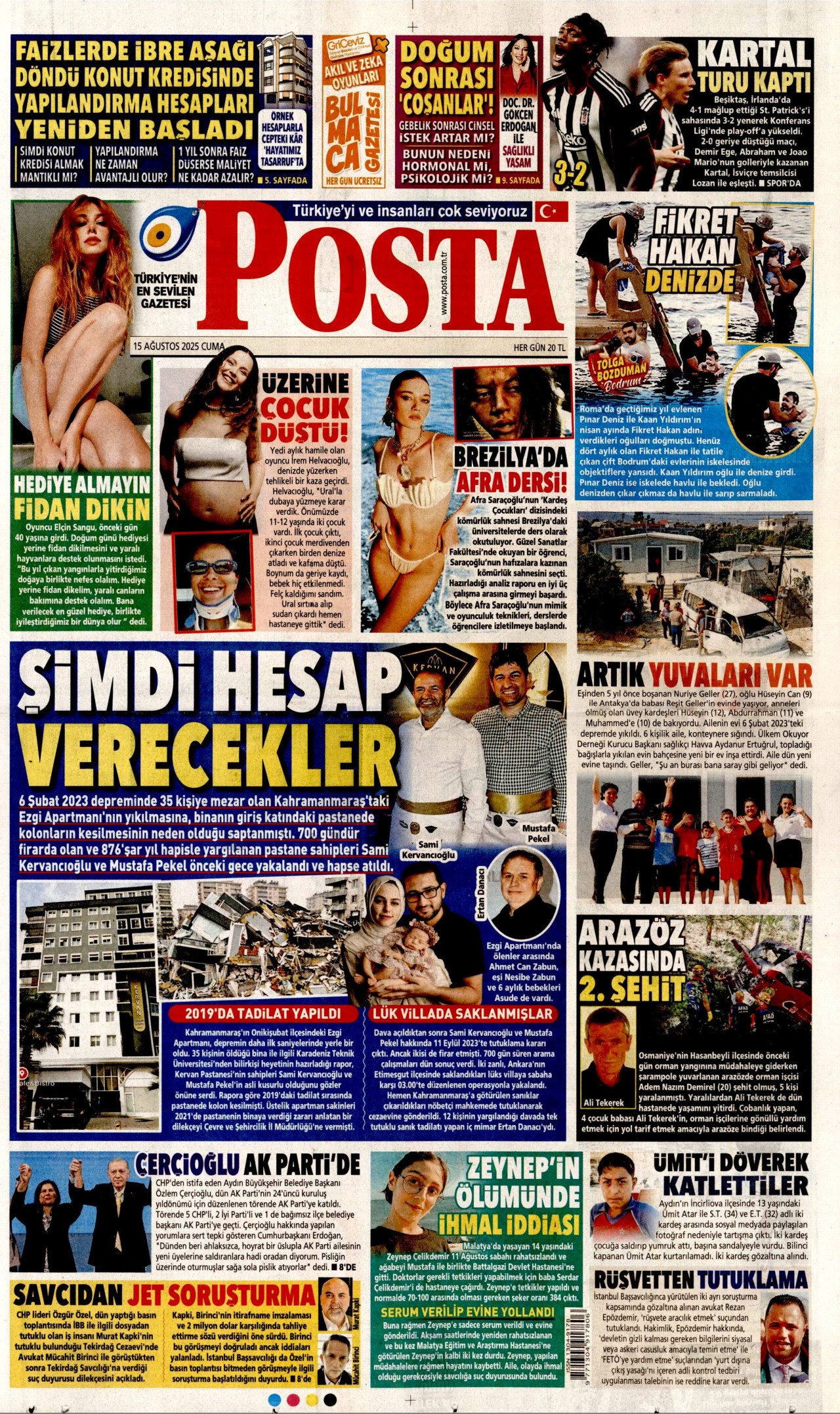 POSTA gazetesinin 15 Ağustos 2025 tarihli birinci sayfası