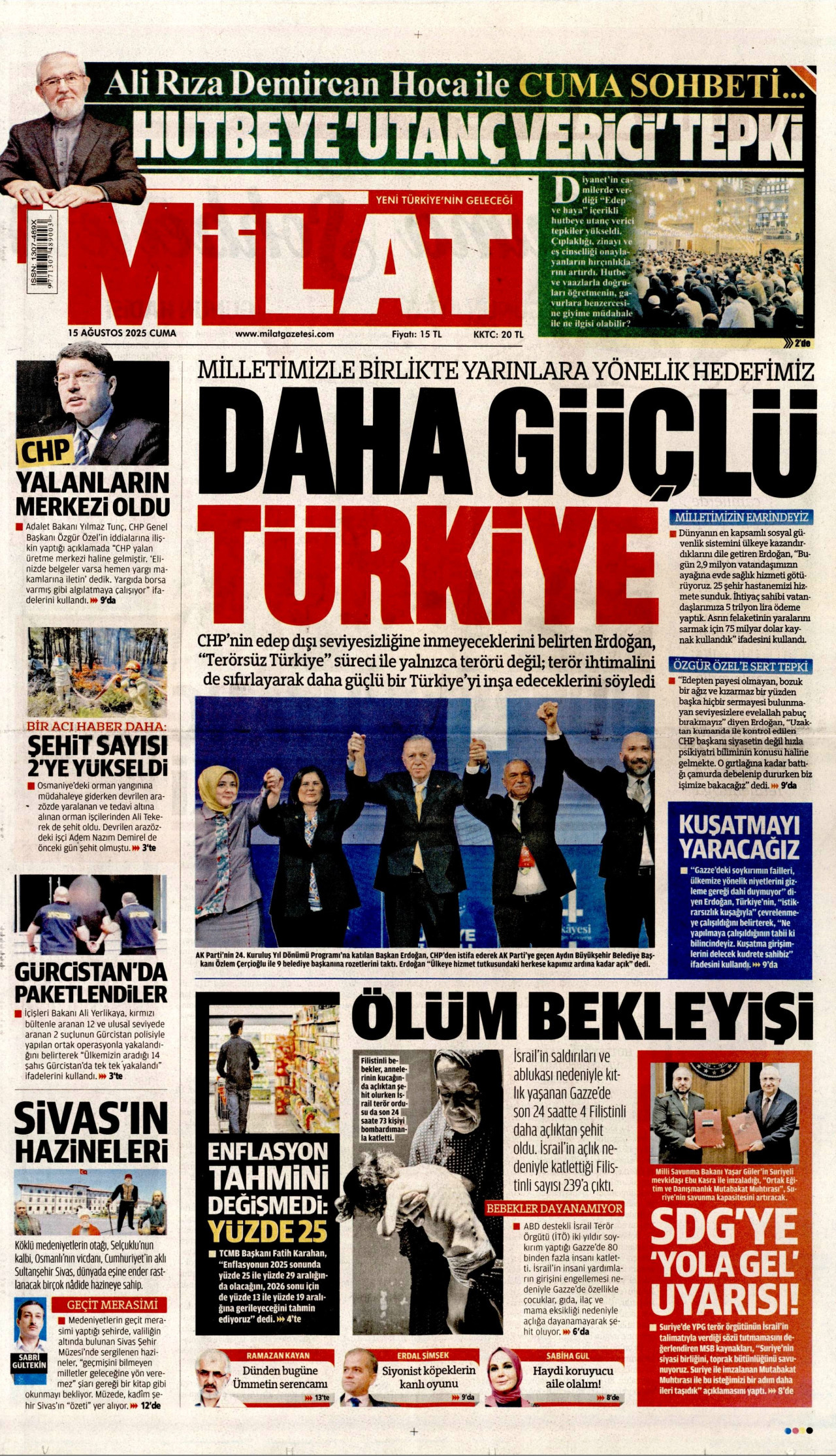 MİLAT gazetesinin 15 Ağustos 2025 tarihli birinci sayfası