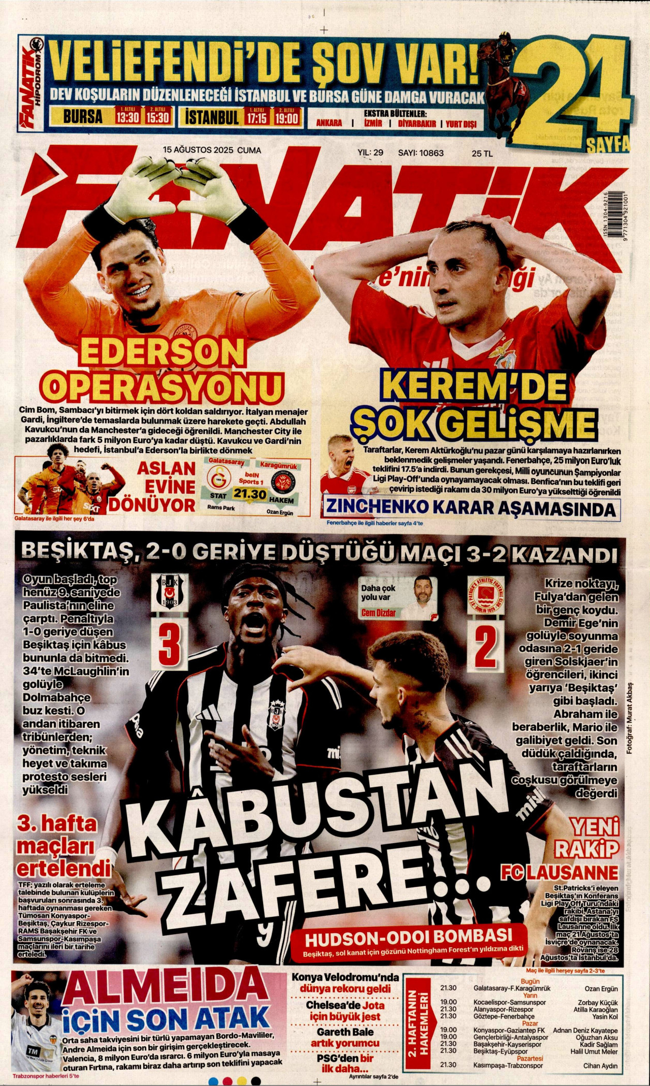 FANATİK gazetesinin 15 Ağustos 2025 tarihli birinci sayfası