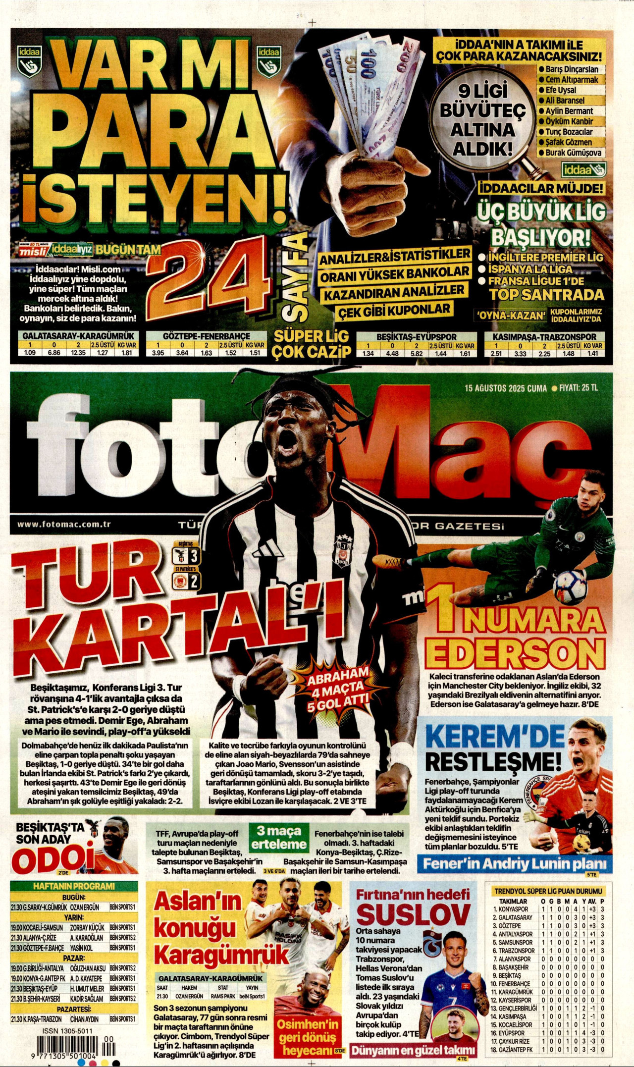FOTOMAÇ gazetesinin 15 Ağustos 2025 tarihli birinci sayfası