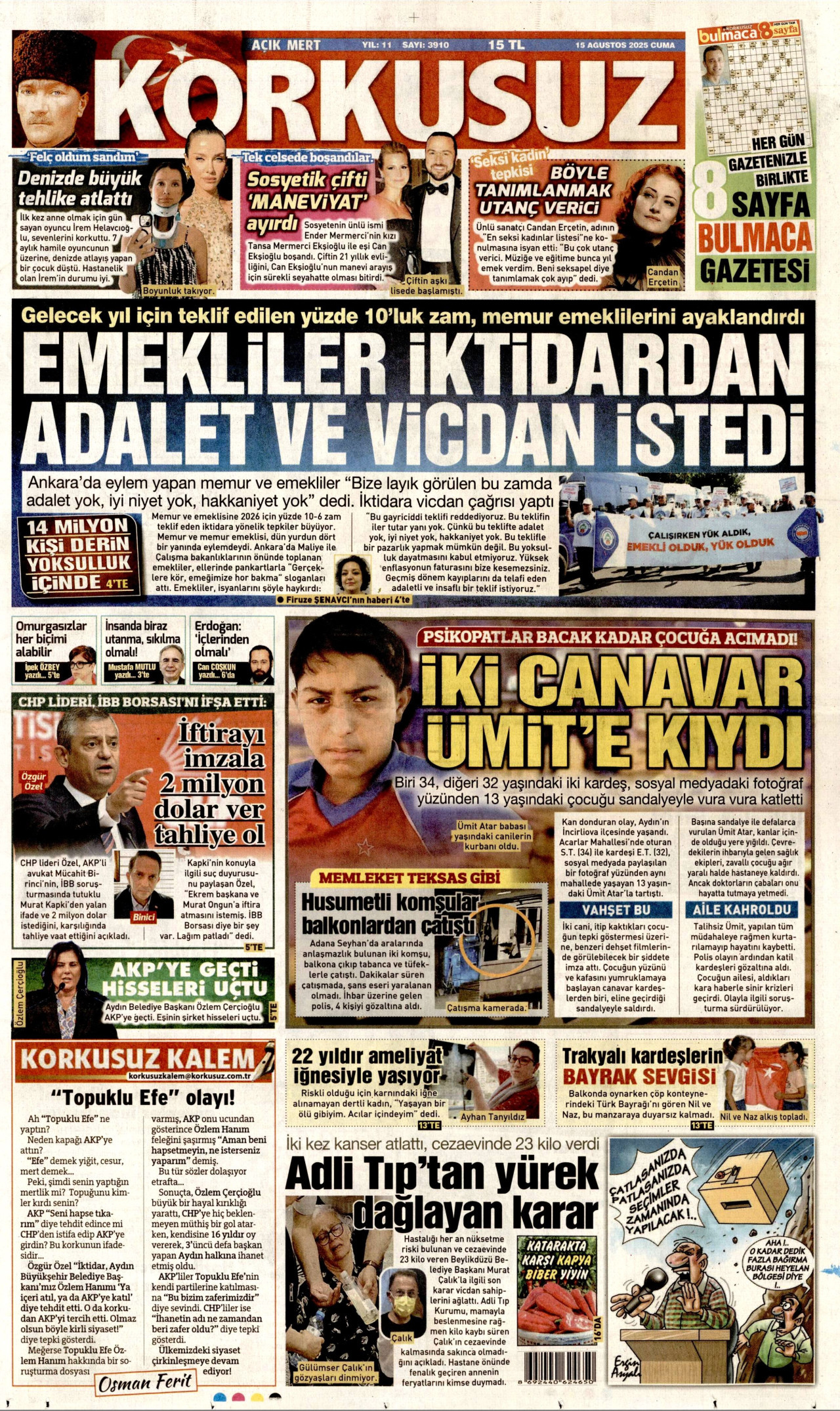 KORKUSUZ gazetesinin 15 Ağustos 2025 tarihli birinci sayfası
