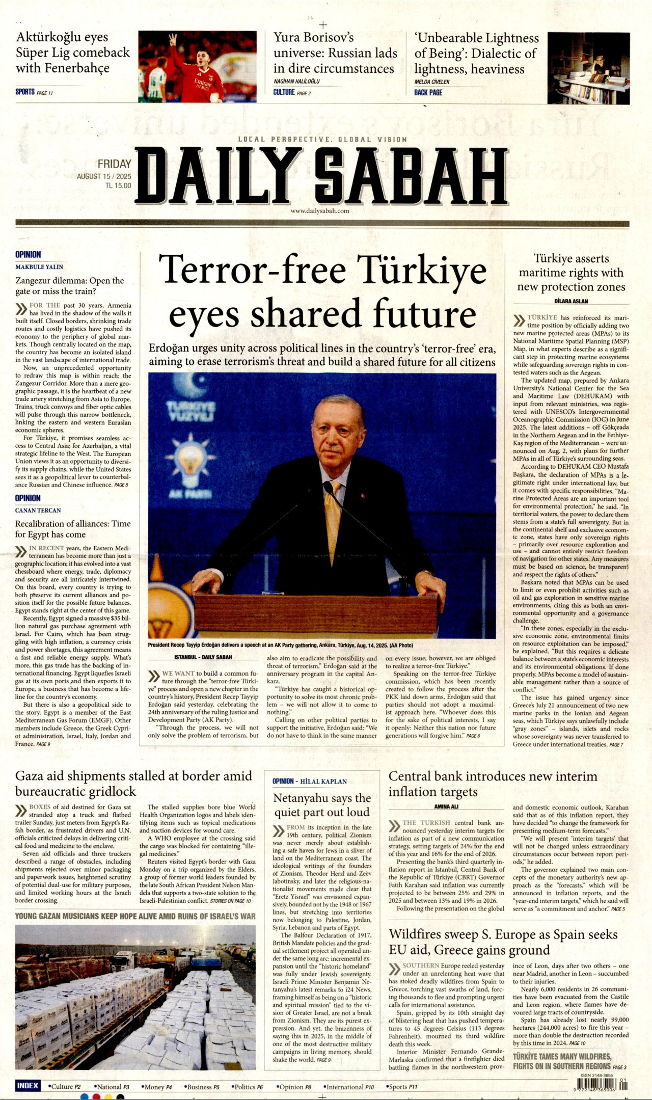 DAİLY SABAH gazetesinin 15 Ağustos 2025 tarihli birinci sayfası