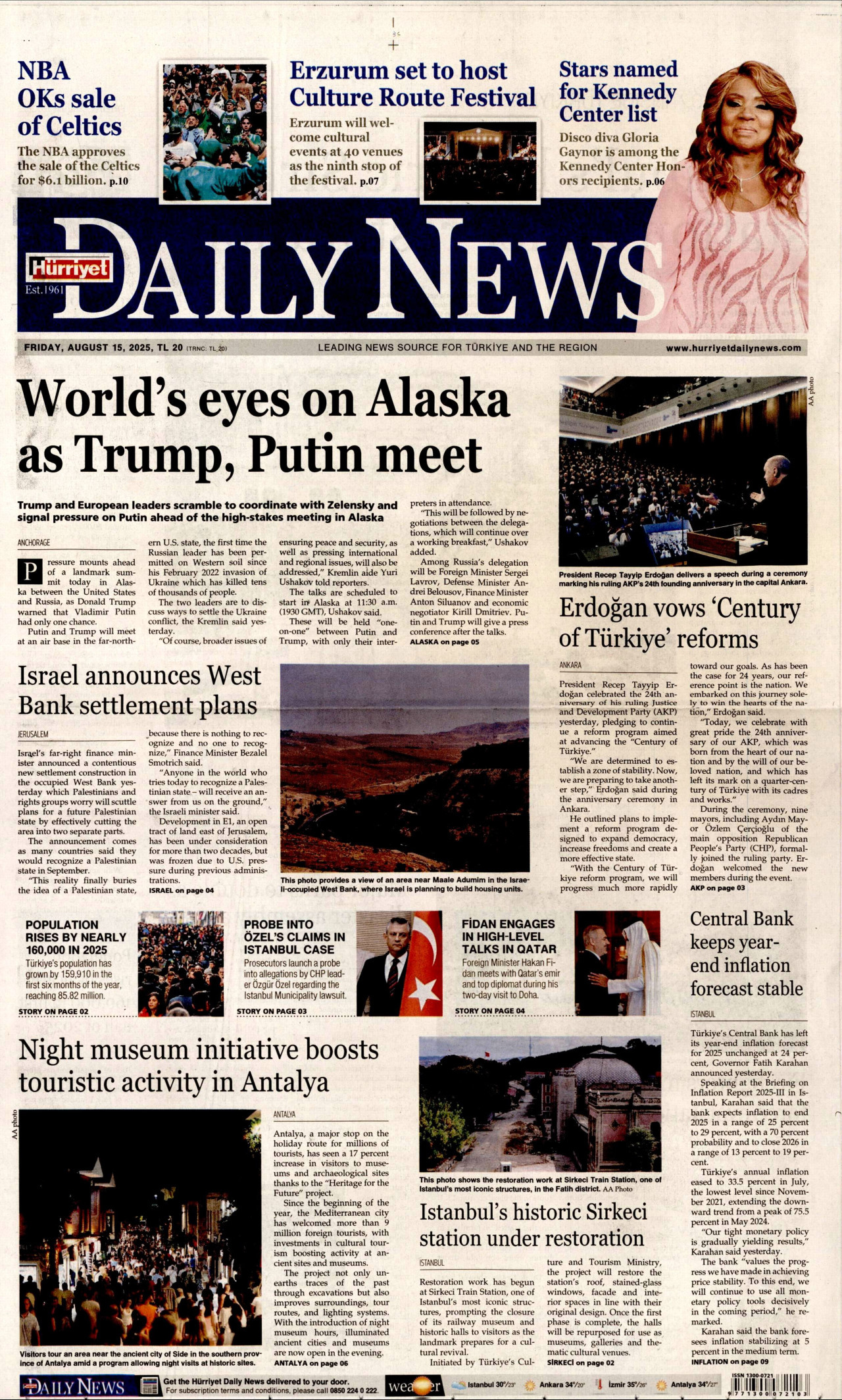 HÜRRİYET DAİLY NEWS gazetesinin 15 Ağustos 2025 tarihli birinci sayfası