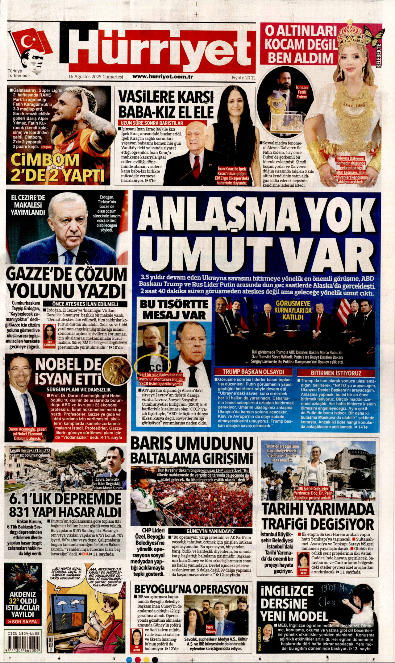 HÜRRİYET gazetesinin 16 Ağustos 2025 tarihli birinci sayfası