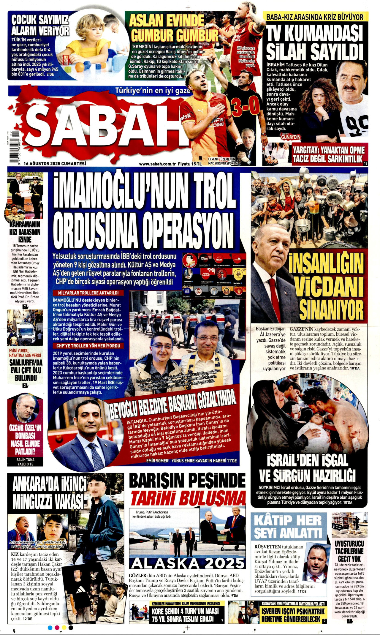 SABAH gazetesinin 16 Ağustos 2025 tarihli birinci sayfası