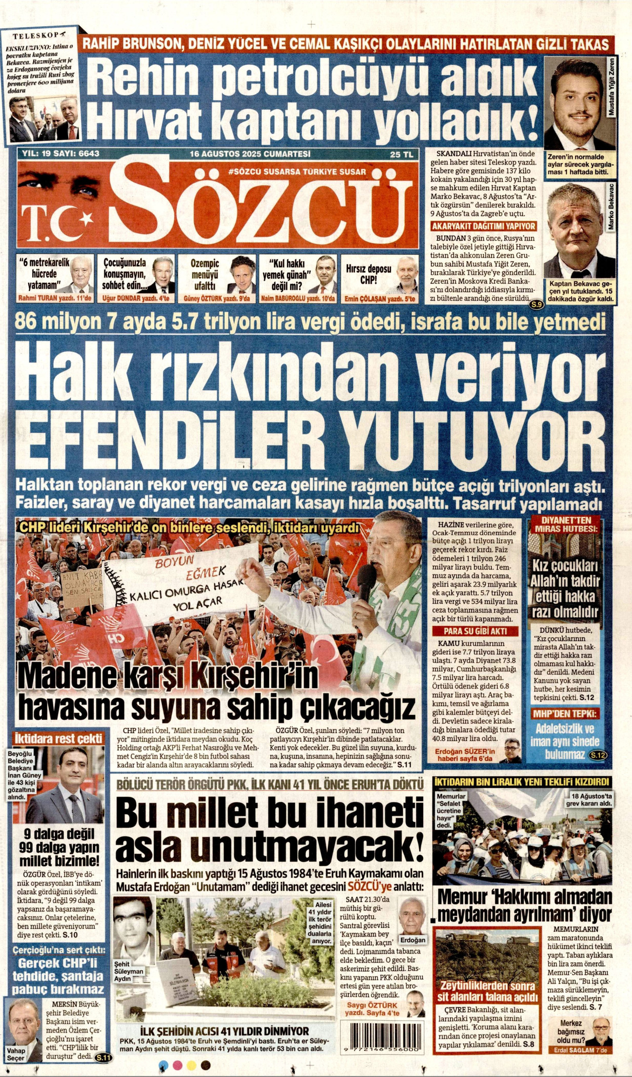 SÖZCÜ gazetesinin 16 Ağustos 2025 tarihli birinci sayfası