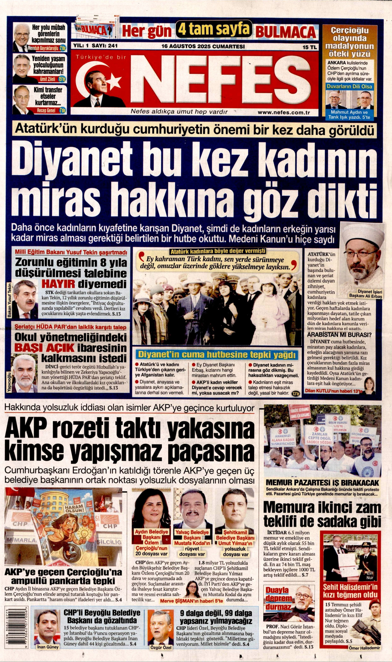 NEFES gazetesinin 16 Ağustos 2025 tarihli birinci sayfası