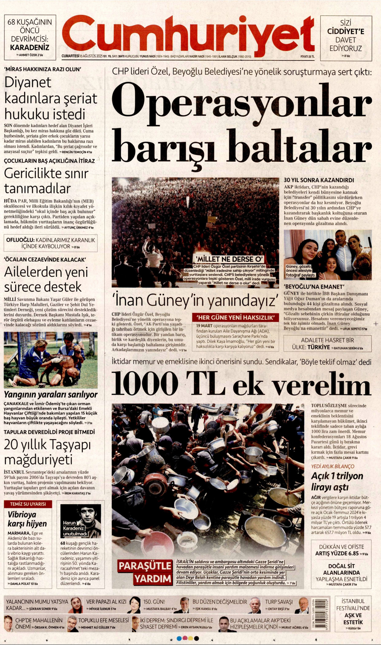 CUMHURİYET gazetesinin 16 Ağustos 2025 tarihli birinci sayfası