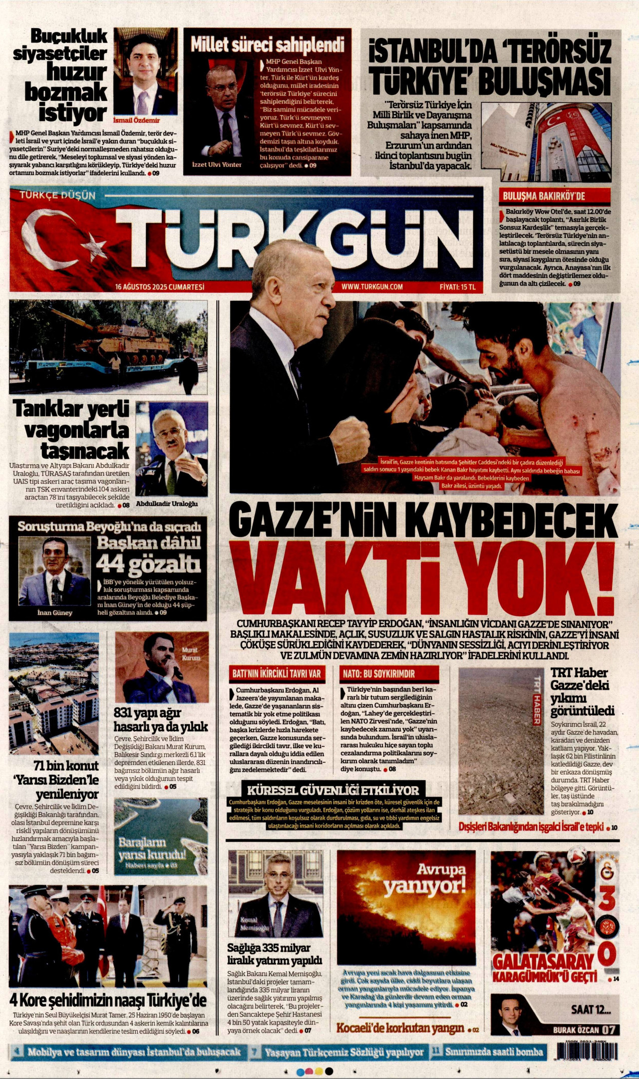 TÜRKGÜN gazetesinin 16 Ağustos 2025 tarihli birinci sayfası