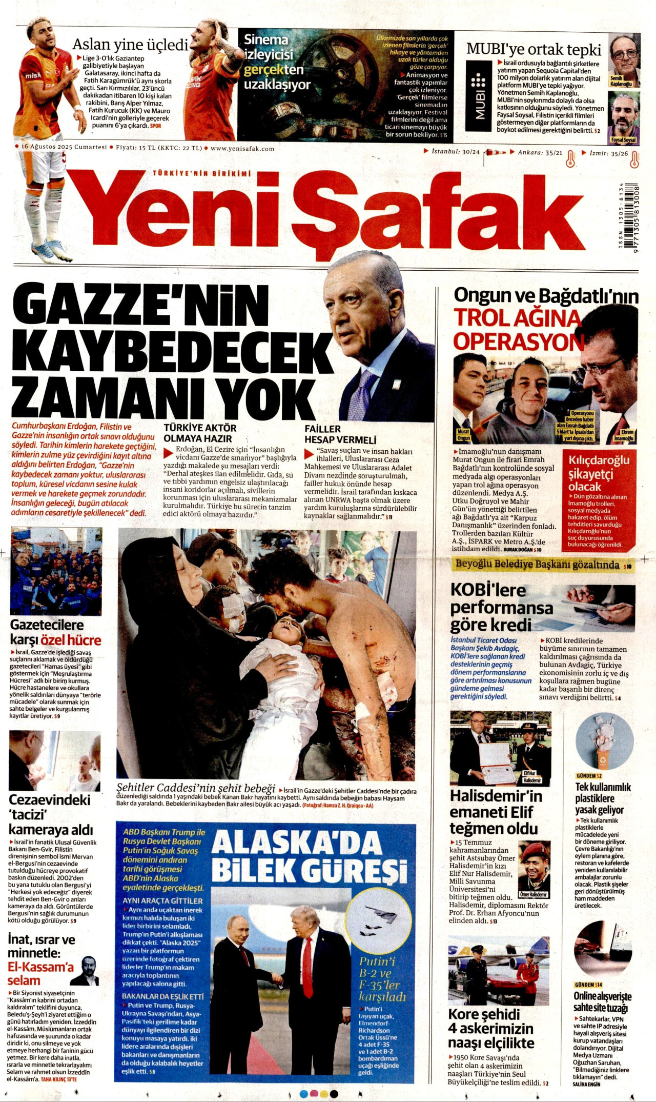 YENİ ŞAFAK gazetesinin 16 Ağustos 2025 tarihli birinci sayfası