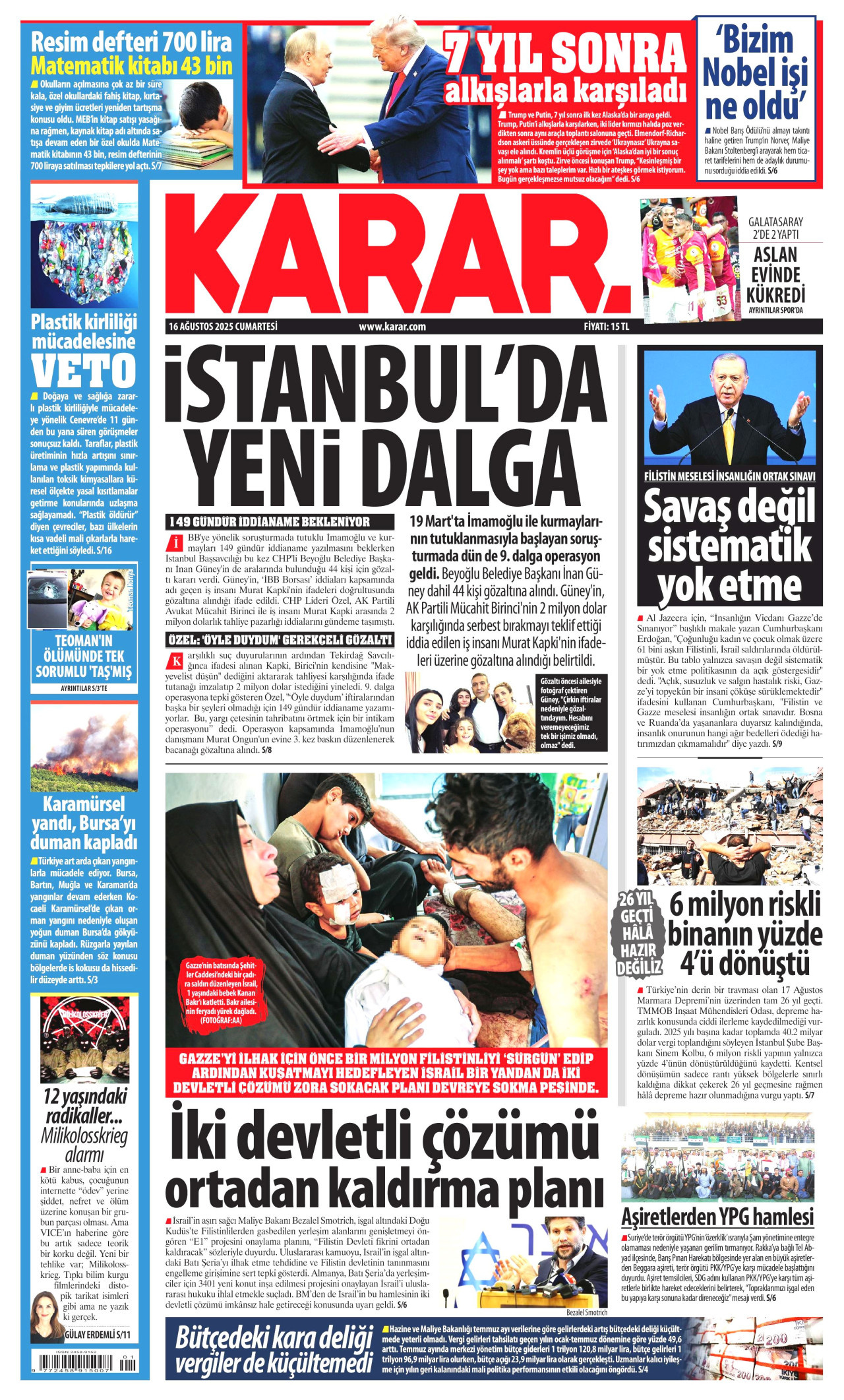 KARAR gazetesinin 16 Ağustos 2025 tarihli birinci sayfası
