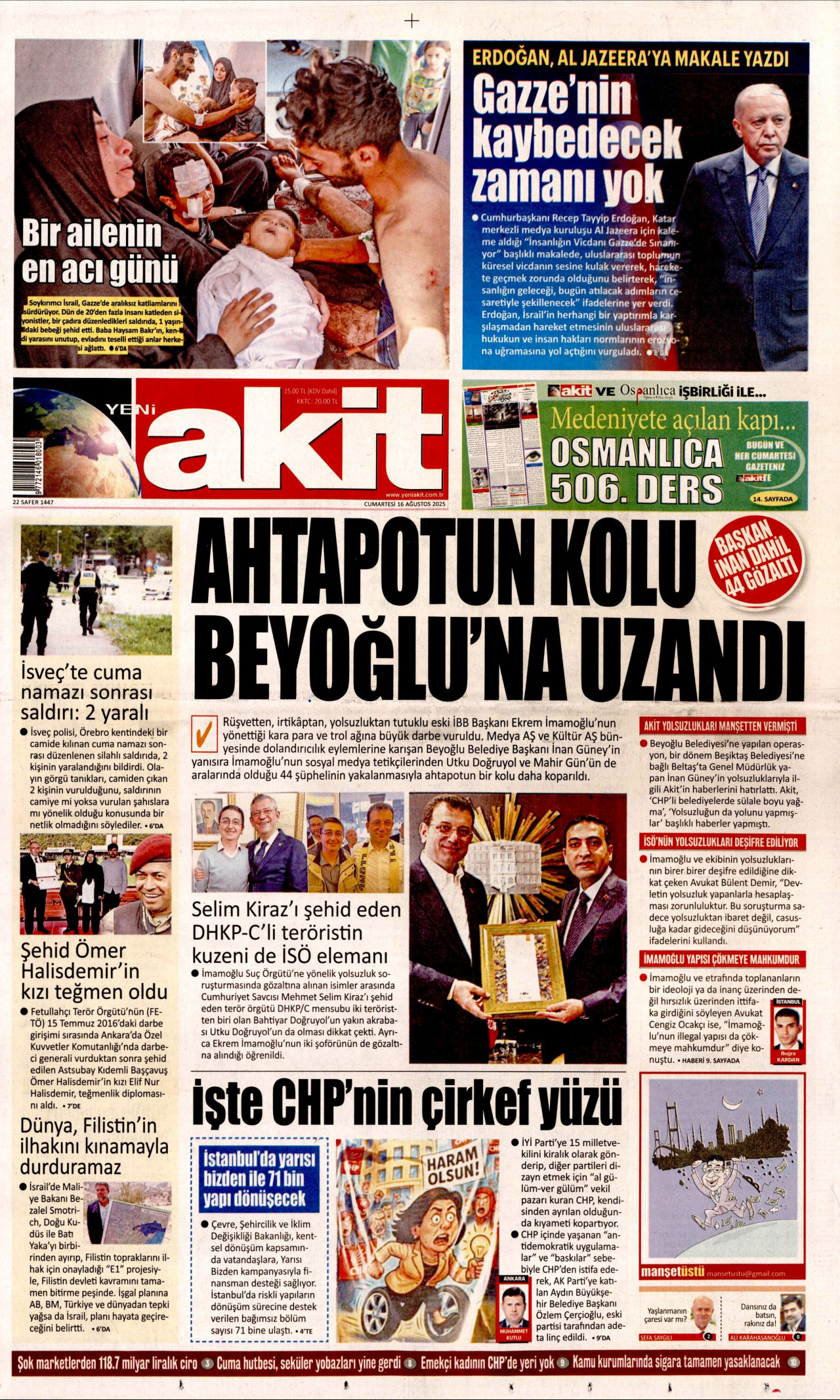 YENİ AKİT gazetesinin 16 Ağustos 2025 tarihli birinci sayfası