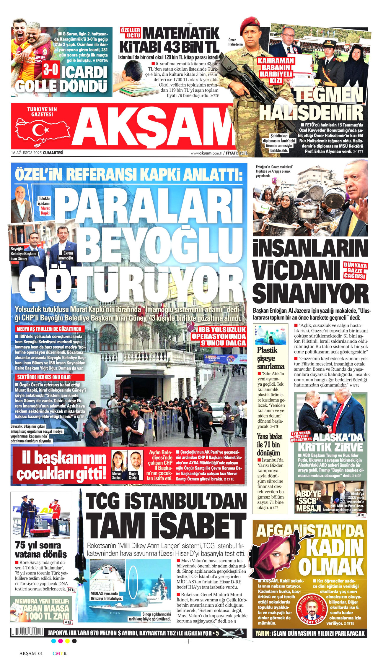 AKŞAM gazetesinin 16 Ağustos 2025 tarihli birinci sayfası