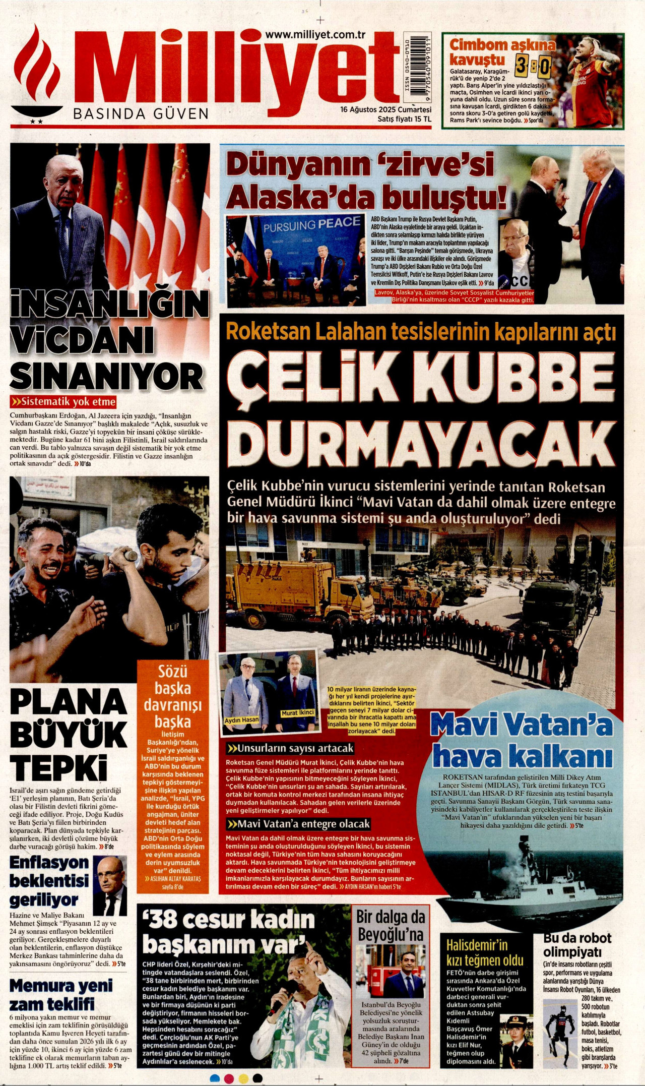 MİLLİYET gazetesinin 16 Ağustos 2025 tarihli birinci sayfası