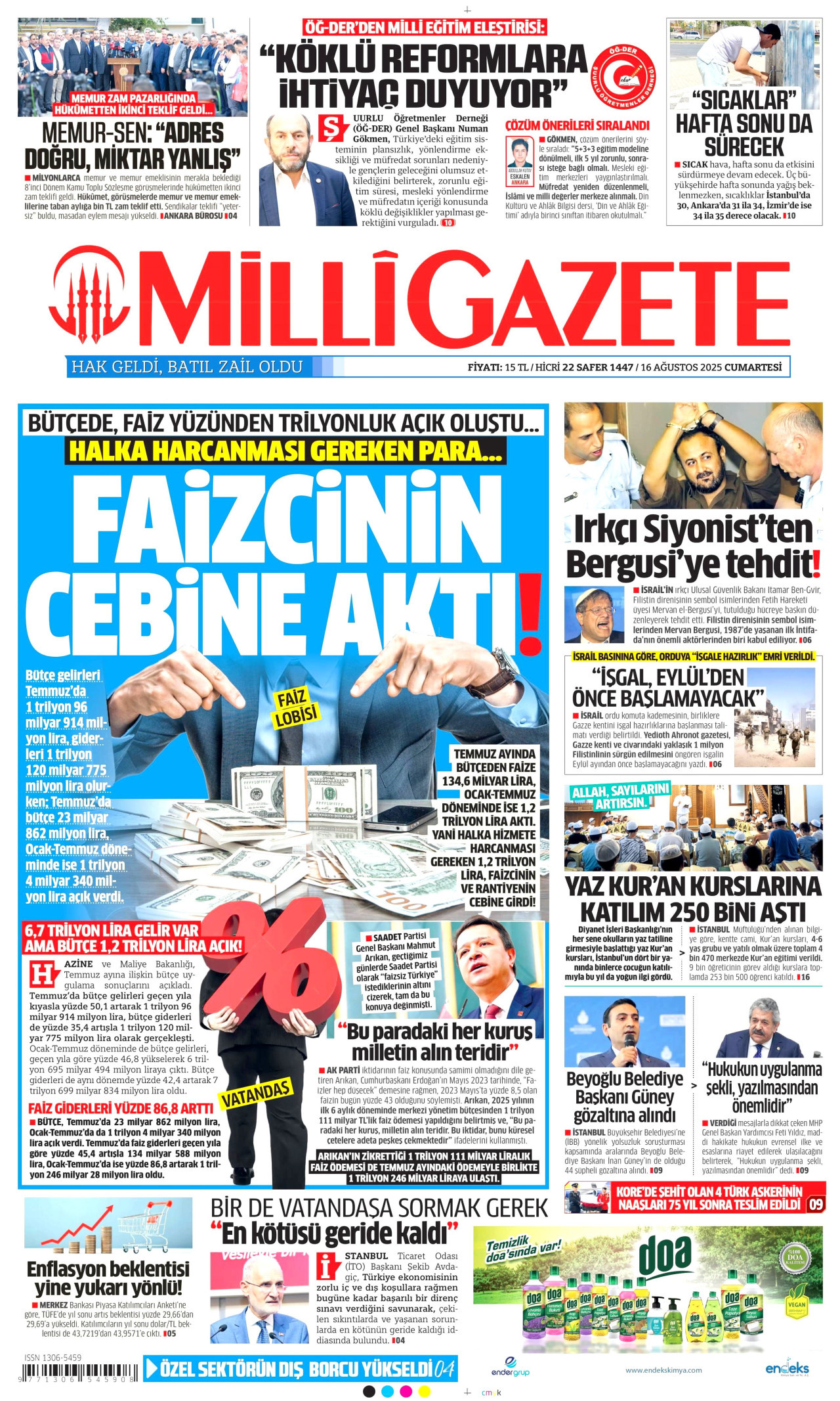 MİLLİ GAZETE gazetesinin 16 Ağustos 2025 tarihli birinci sayfası