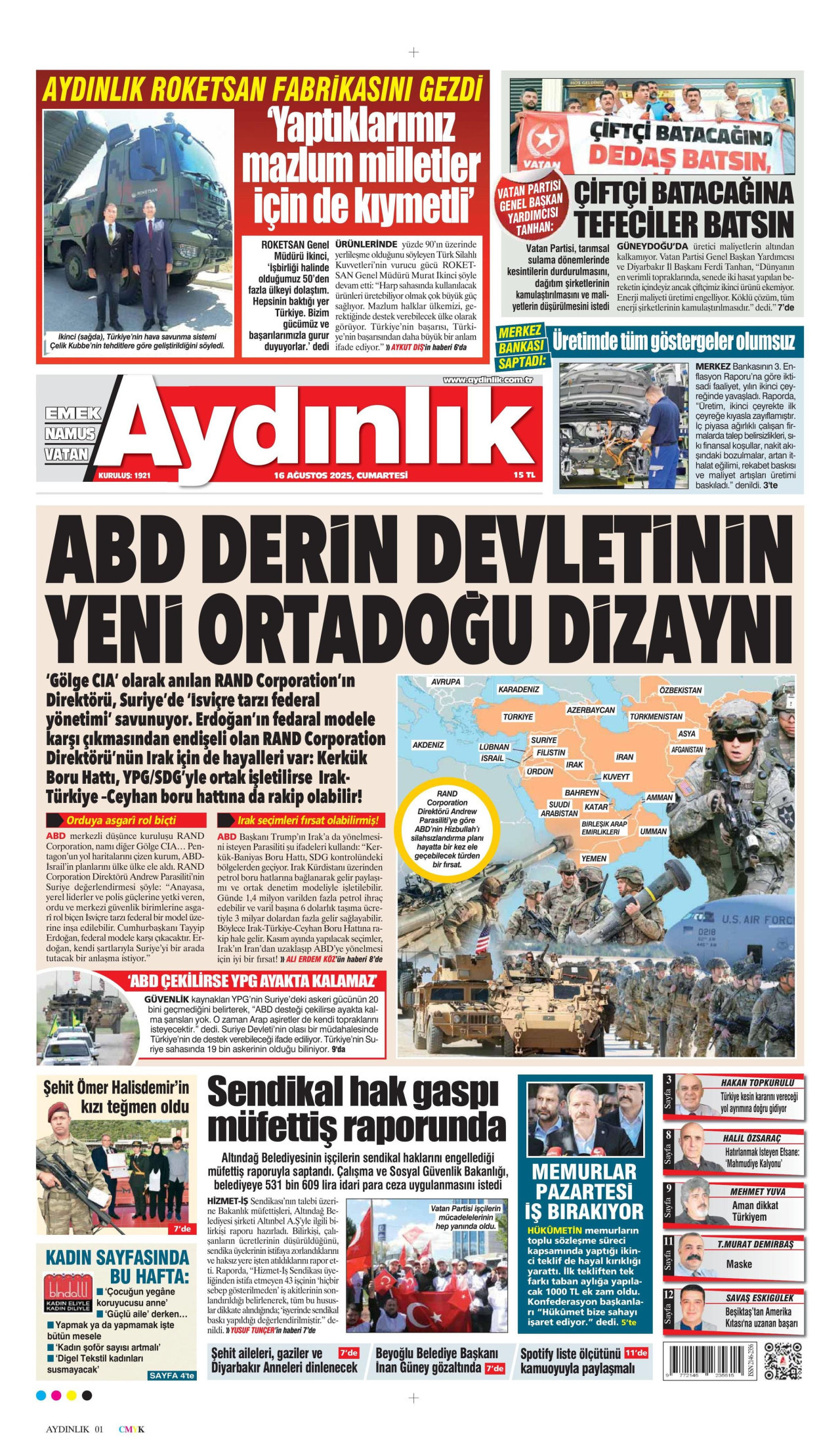 AYDINLIK GAZETESİ gazetesinin 16 Ağustos 2025 tarihli birinci sayfası