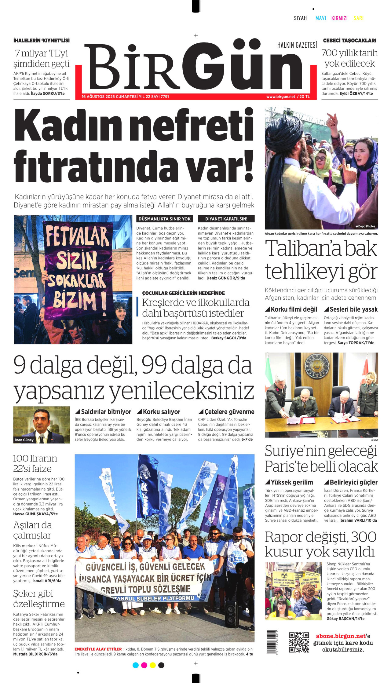 BİRGÜN gazetesinin 16 Ağustos 2025 tarihli birinci sayfası