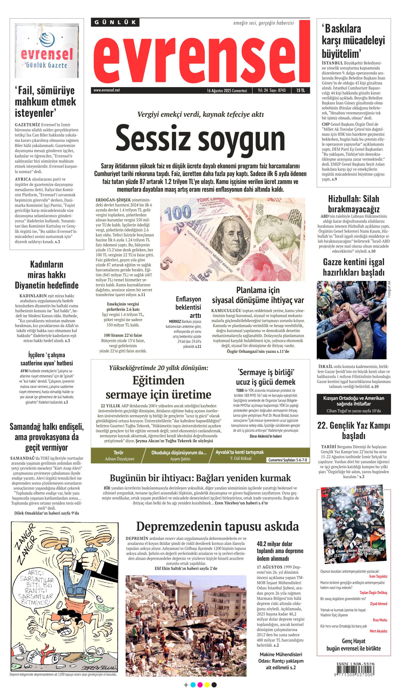 EVRENSEL gazetesinin 16 Ağustos 2025 tarihli birinci sayfası