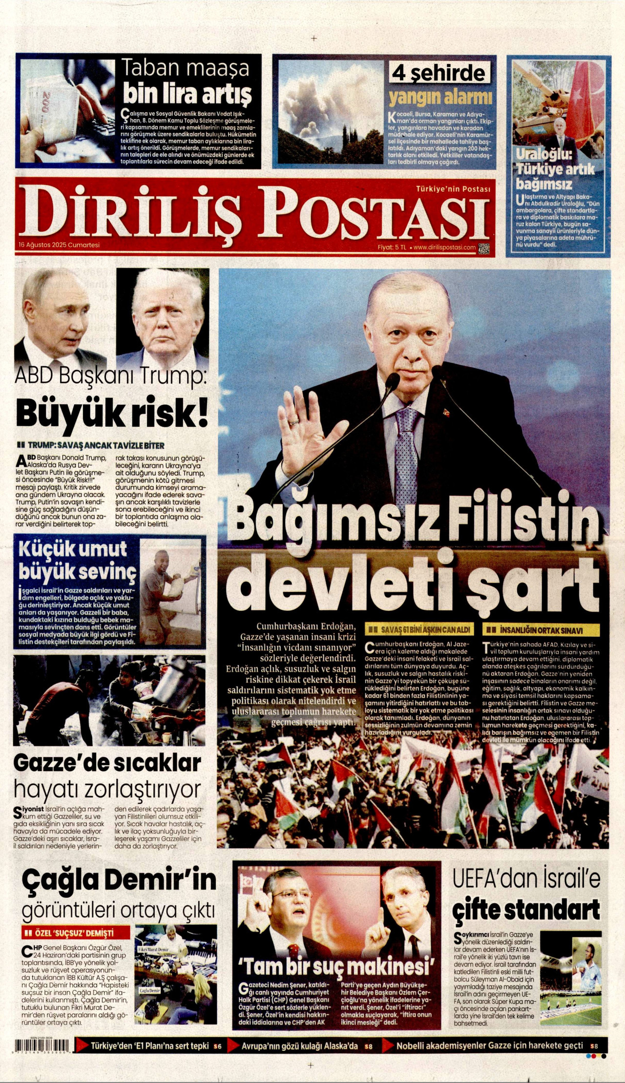 DİRİLİŞ POSTASI gazetesinin 16 Ağustos 2025 tarihli birinci sayfası