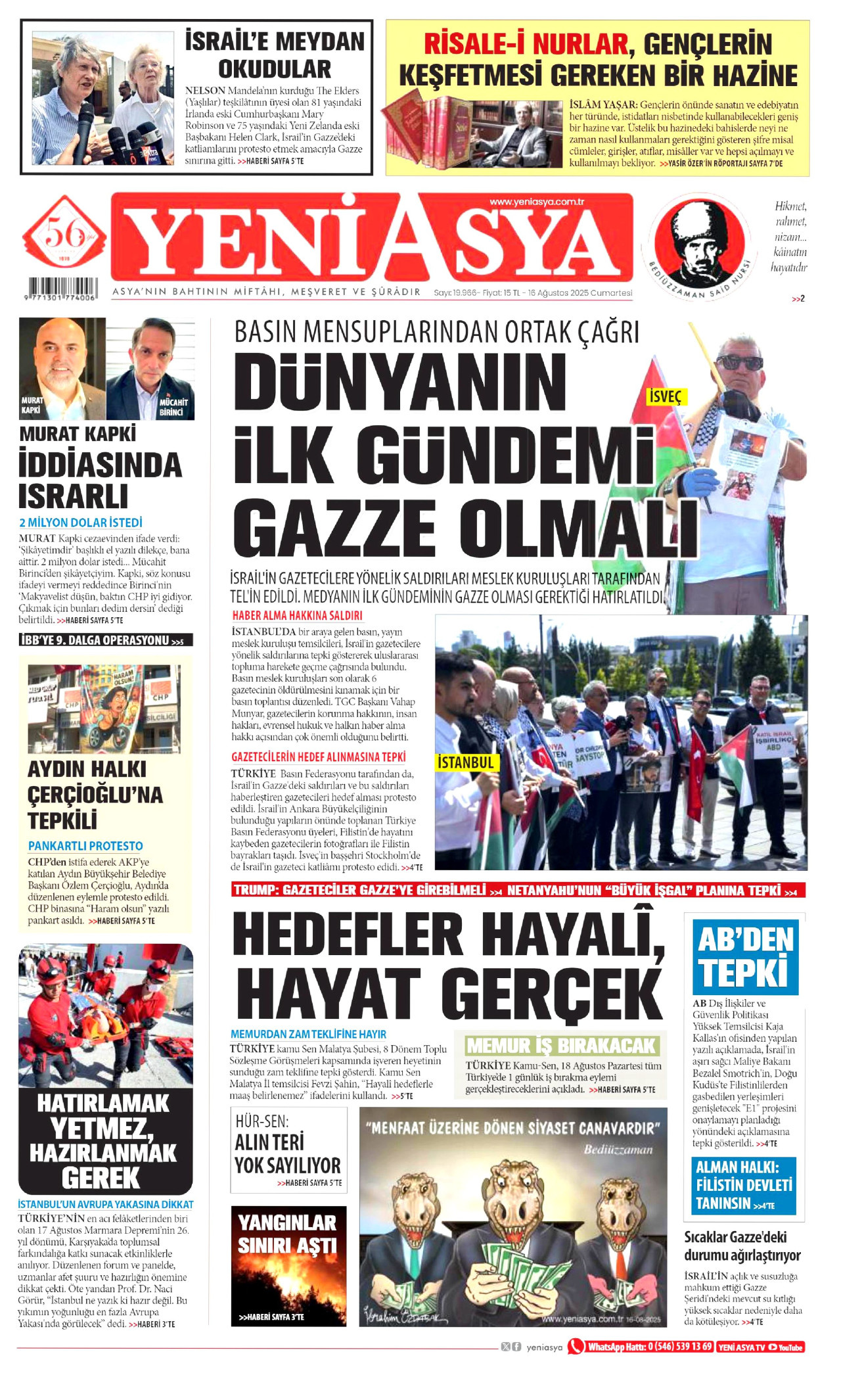 YENİ ASYA gazetesinin 16 Ağustos 2025 tarihli birinci sayfası