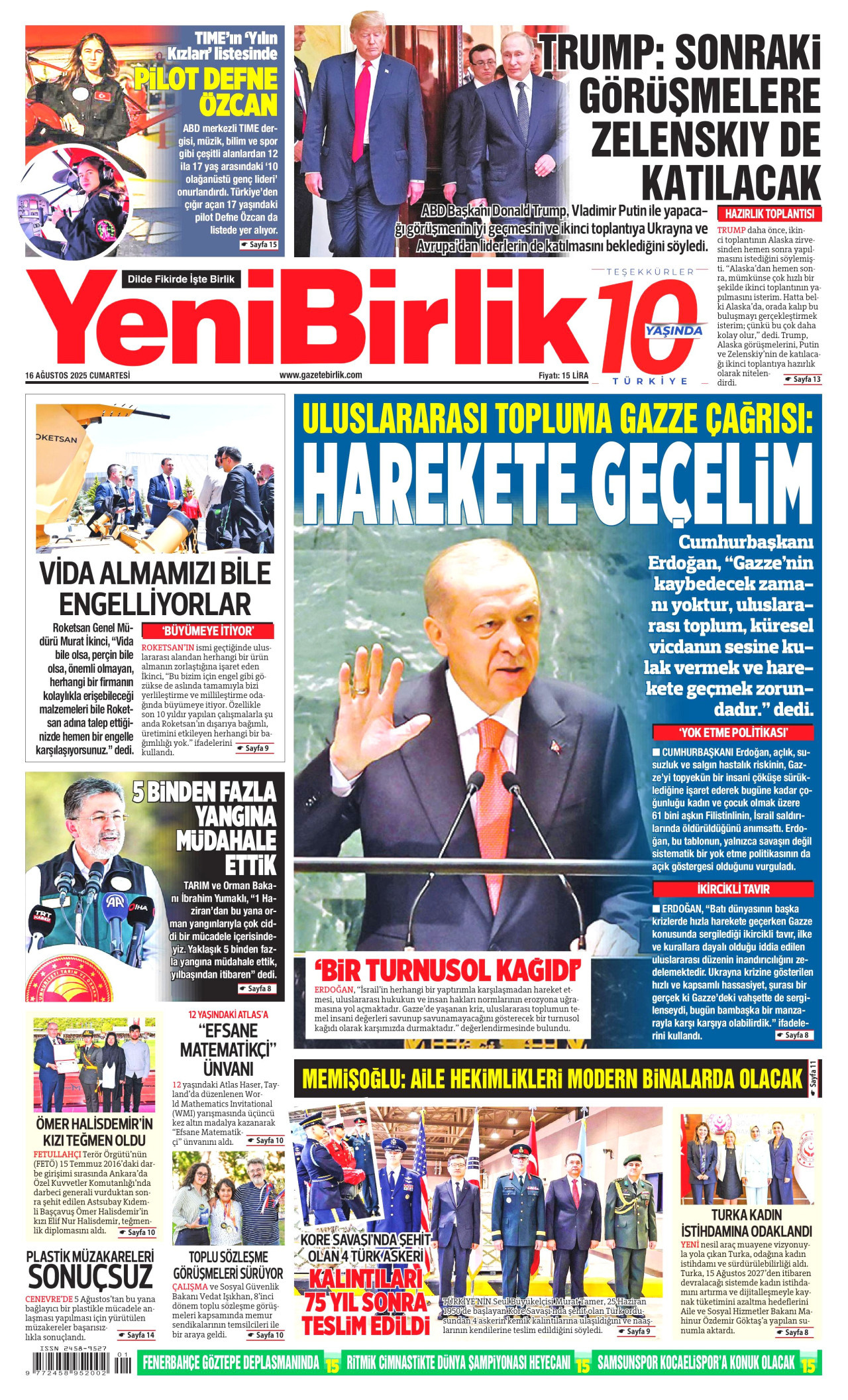 YENİBİRLİK gazetesinin 16 Ağustos 2025 tarihli birinci sayfası