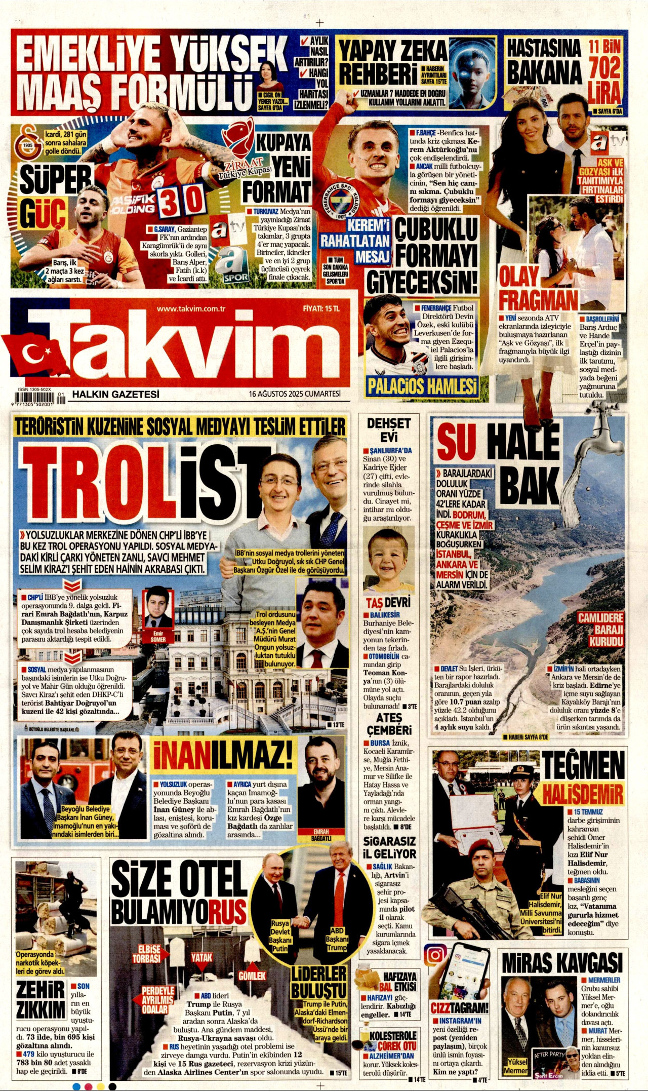 TAKVİM gazetesinin 16 Ağustos 2025 tarihli birinci sayfası