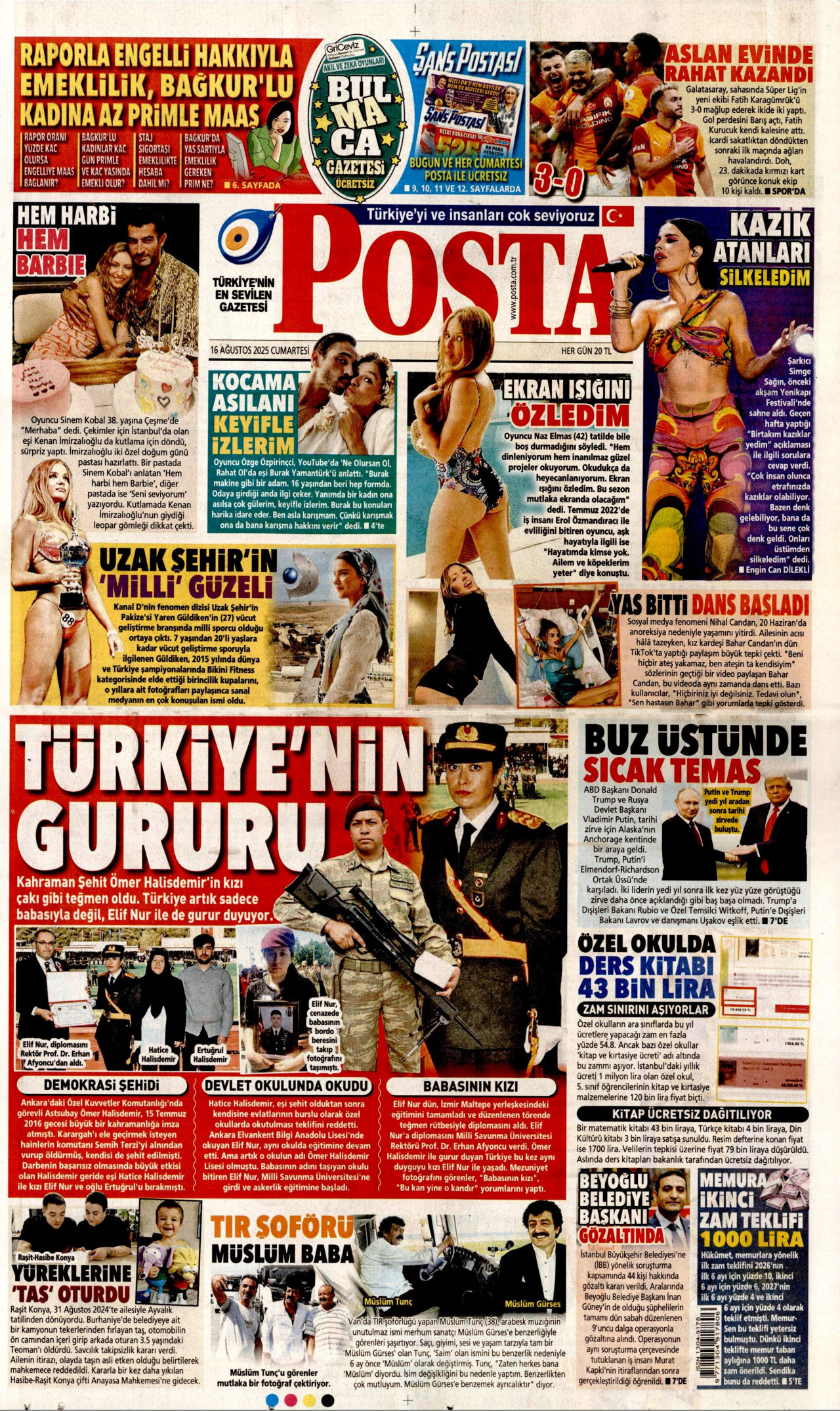 POSTA gazetesinin 16 Ağustos 2025 tarihli birinci sayfası