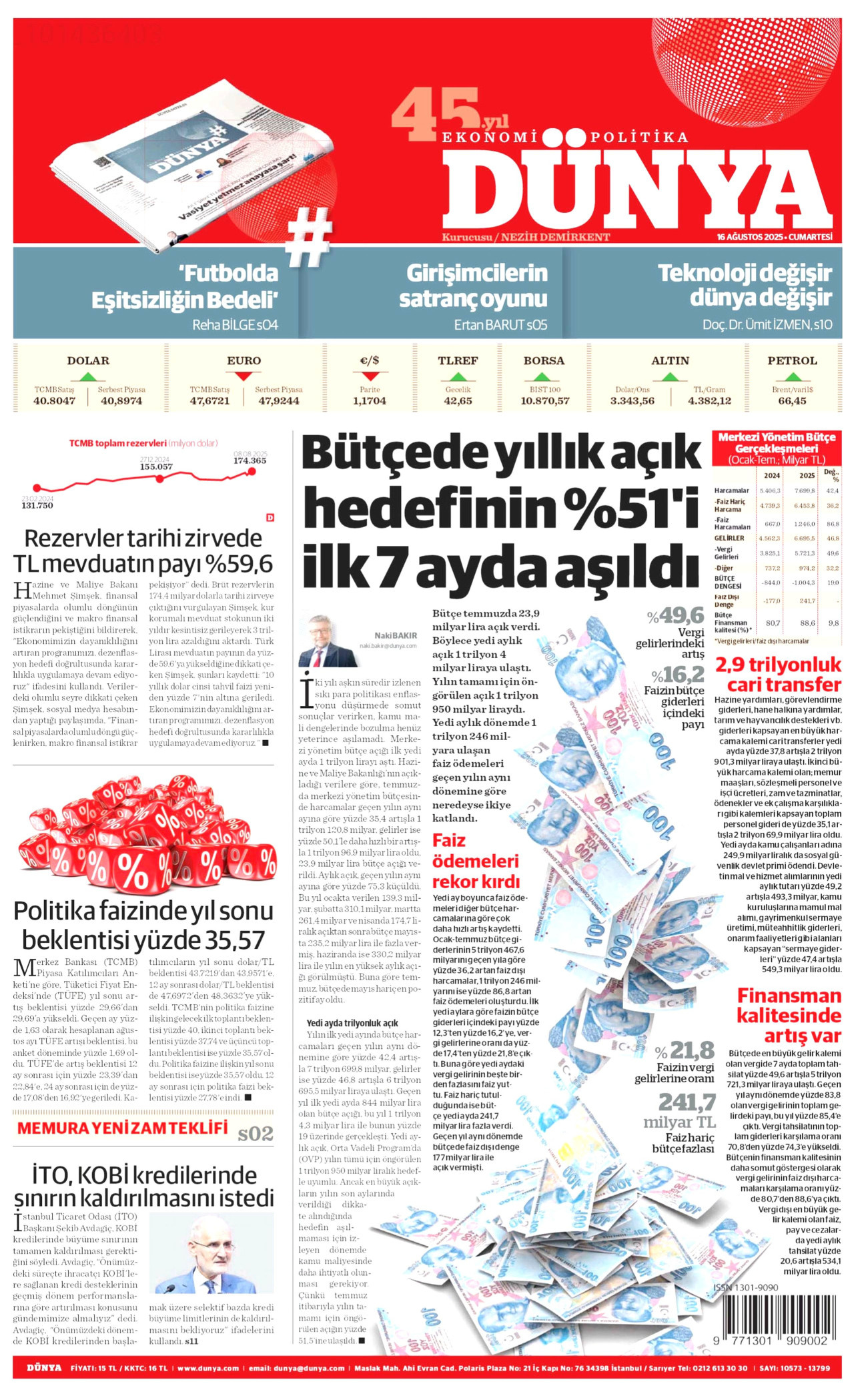 DÜNYA gazetesinin 16 Ağustos 2025 tarihli birinci sayfası