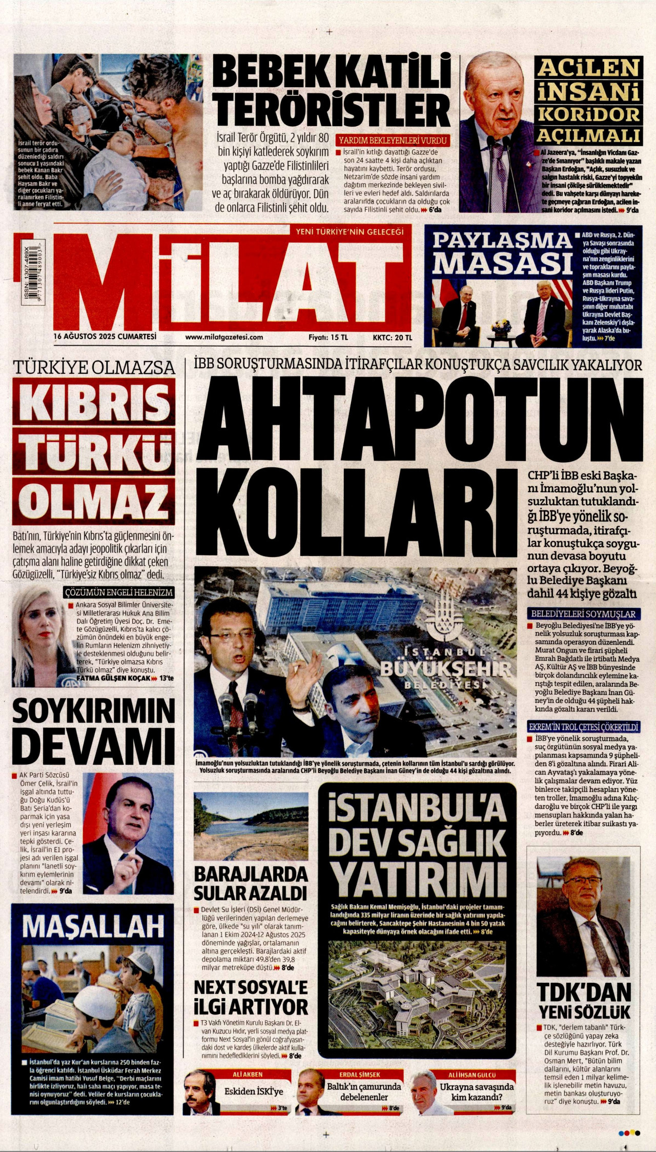 MİLAT gazetesinin 16 Ağustos 2025 tarihli birinci sayfası