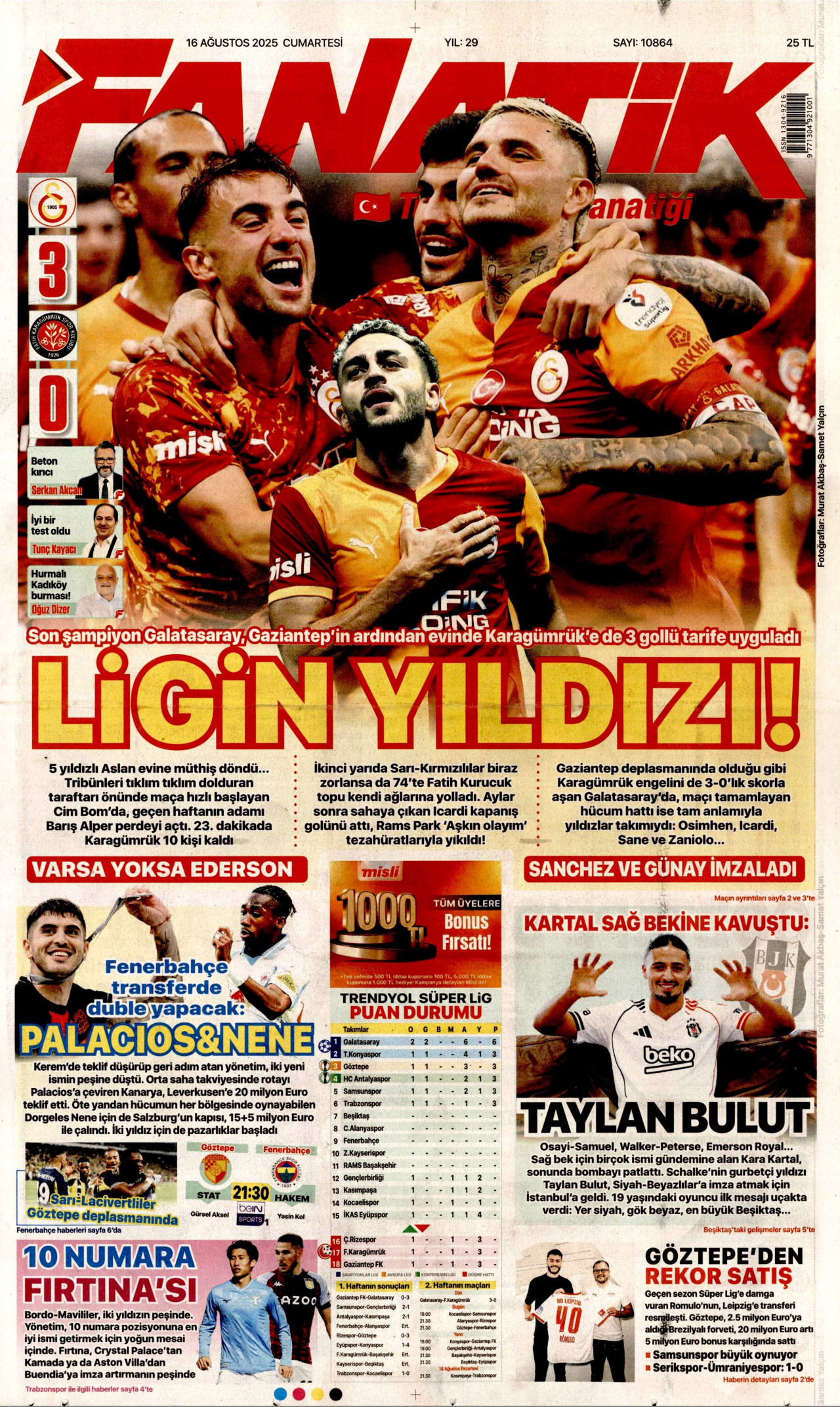 FANATİK gazetesinin 16 Ağustos 2025 tarihli birinci sayfası