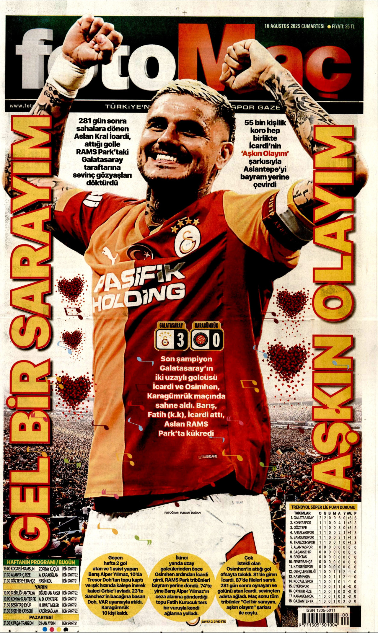 FOTOMAÇ gazetesinin 16 Ağustos 2025 tarihli birinci sayfası