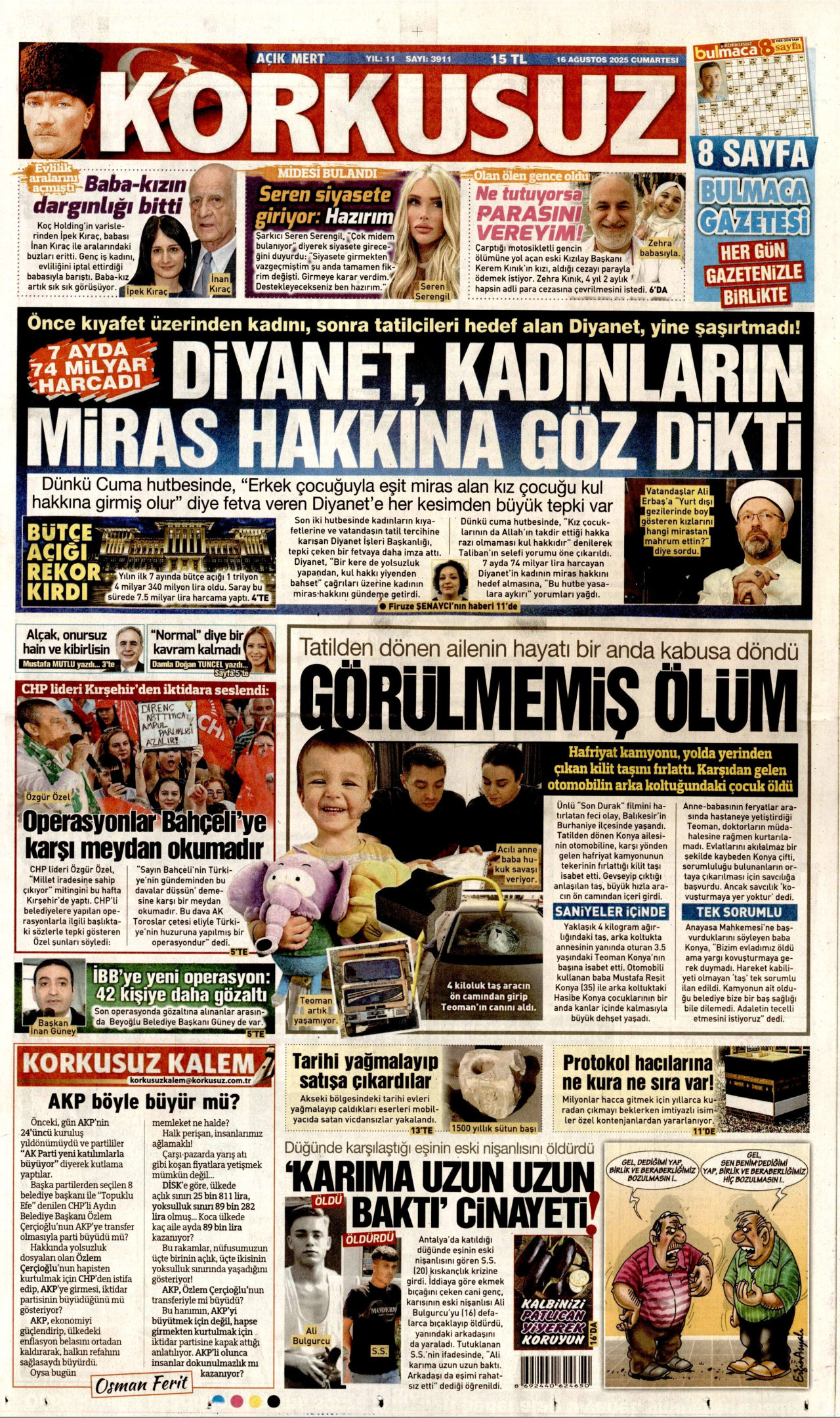 KORKUSUZ gazetesinin 16 Ağustos 2025 tarihli birinci sayfası
