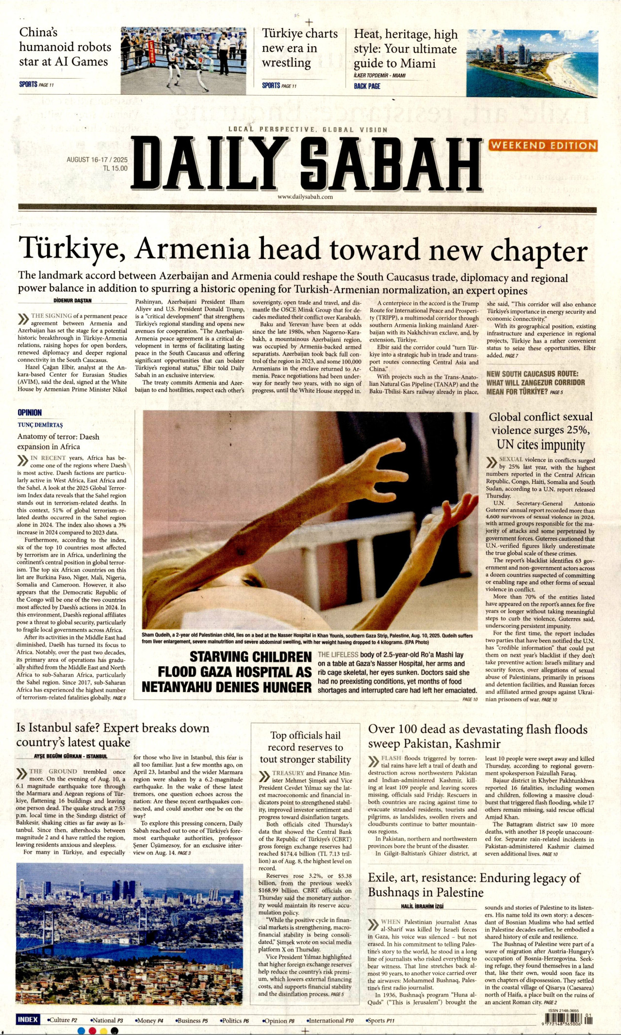 DAİLY SABAH gazetesinin 16 Ağustos 2025 tarihli birinci sayfası