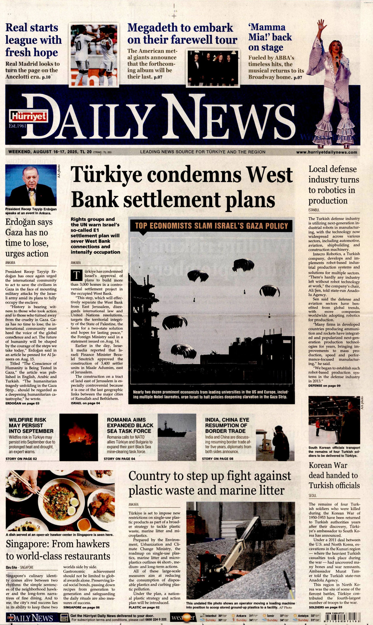 HÜRRİYET DAİLY NEWS gazetesinin 16 Ağustos 2025 tarihli birinci sayfası