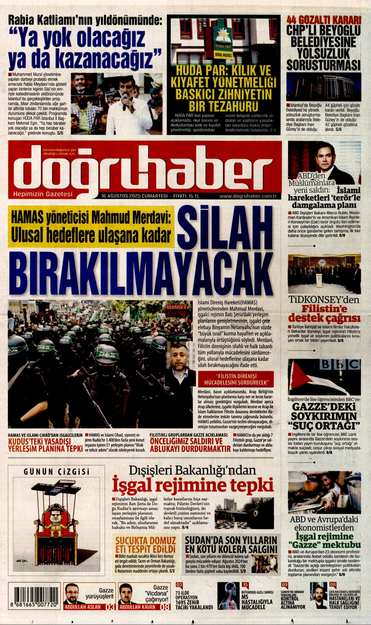 DOĞRU HABER gazetesinin 16 Ağustos 2025 tarihli birinci sayfası