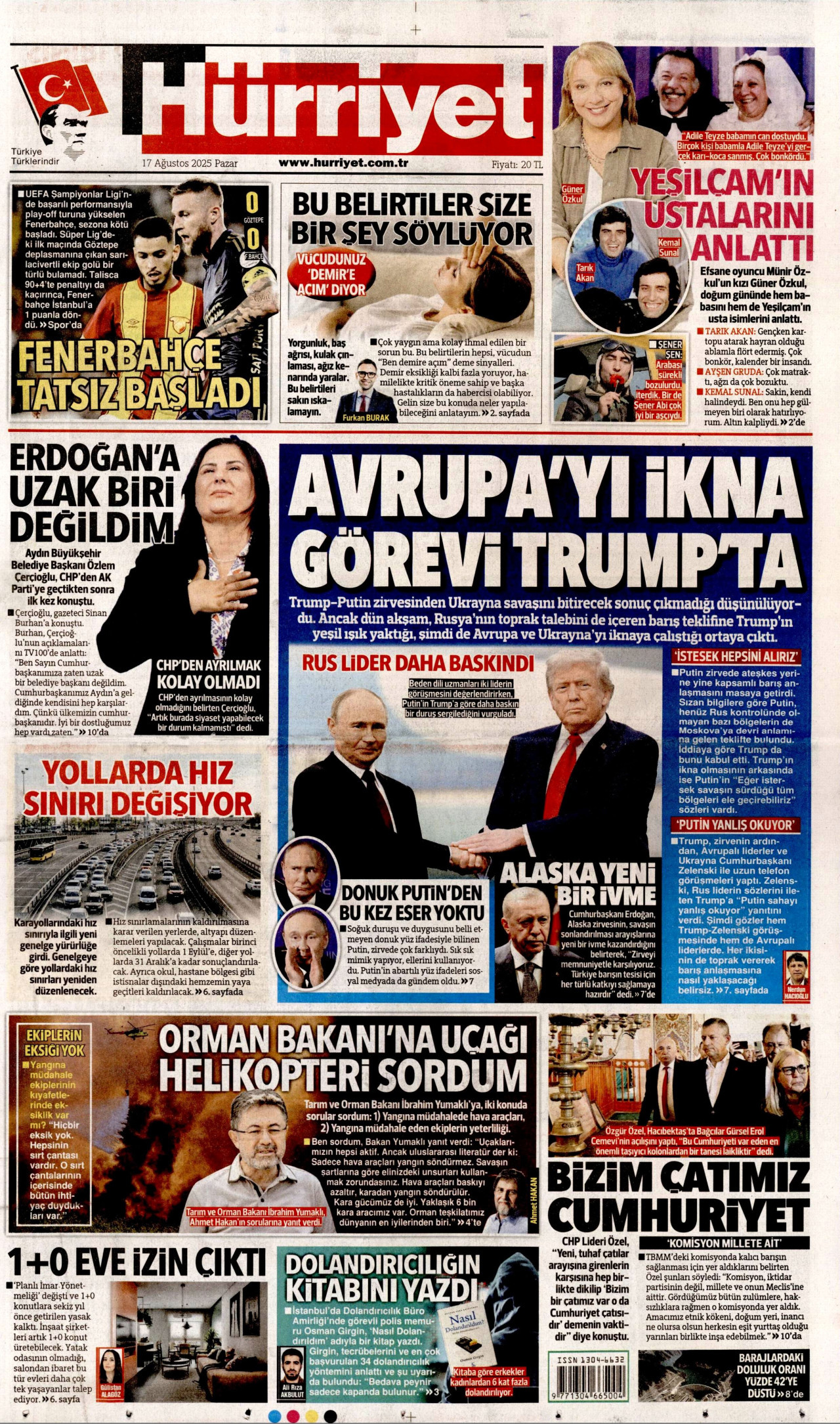 HÜRRİYET gazetesinin 17 Ağustos 2025 tarihli birinci sayfası
