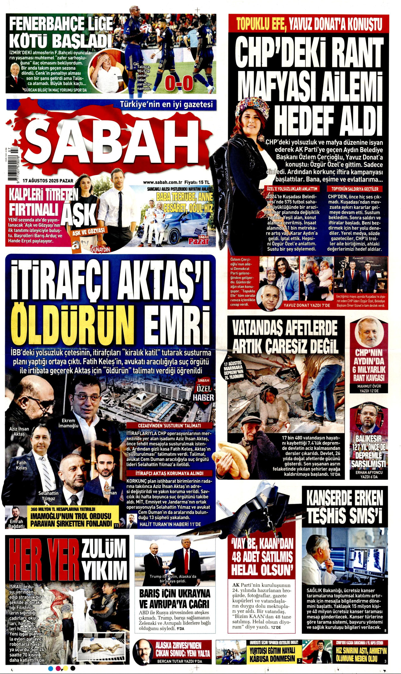 SABAH gazetesinin 17 Ağustos 2025 tarihli birinci sayfası