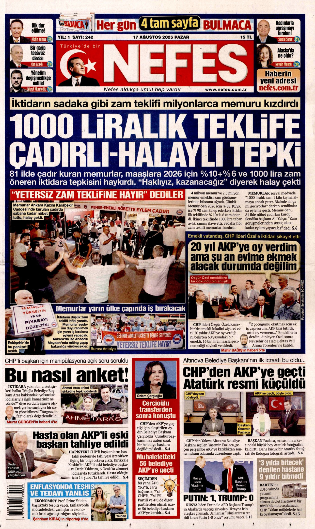 NEFES gazetesinin 17 Ağustos 2025 tarihli birinci sayfası