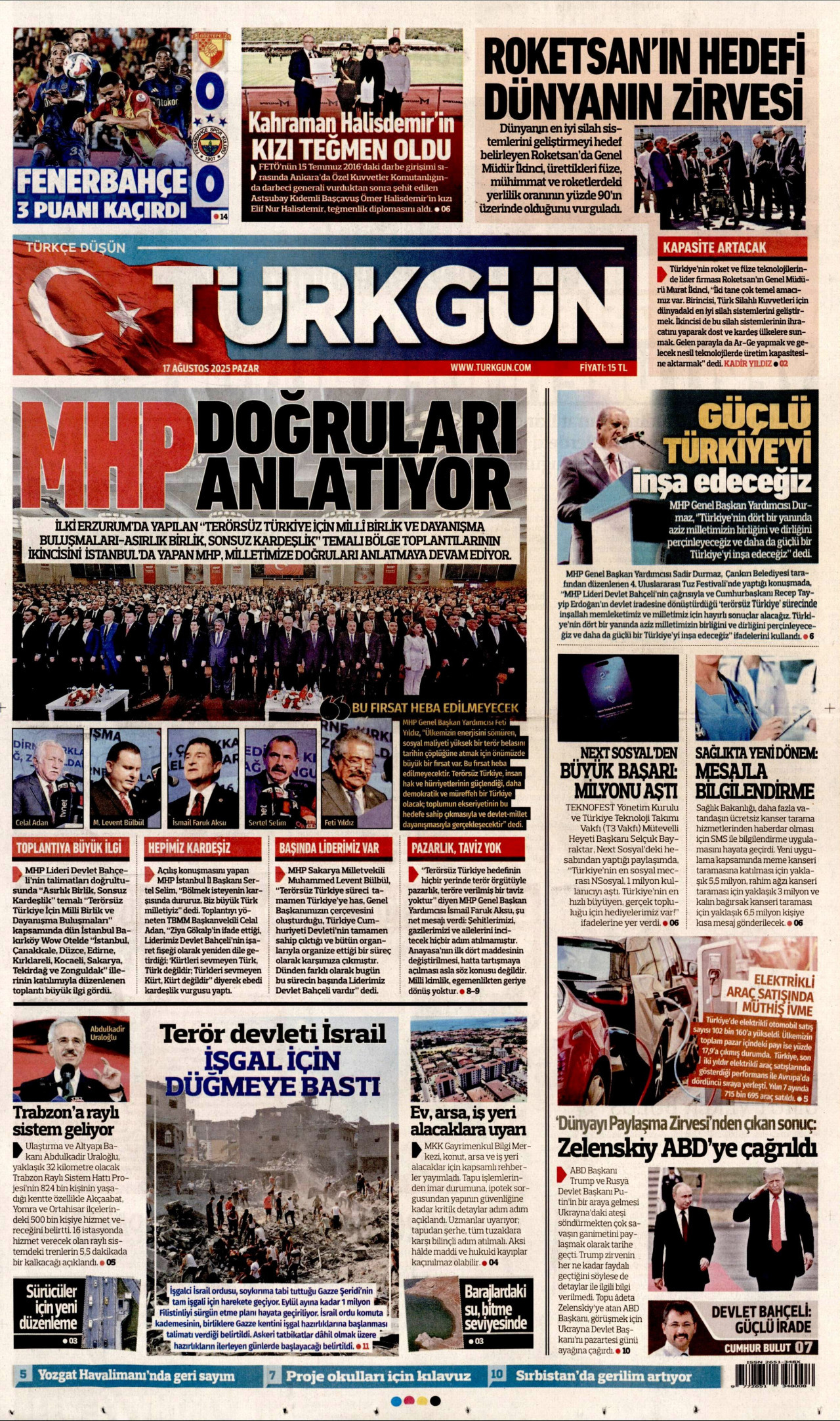 TÜRKGÜN gazetesinin 17 Ağustos 2025 tarihli birinci sayfası