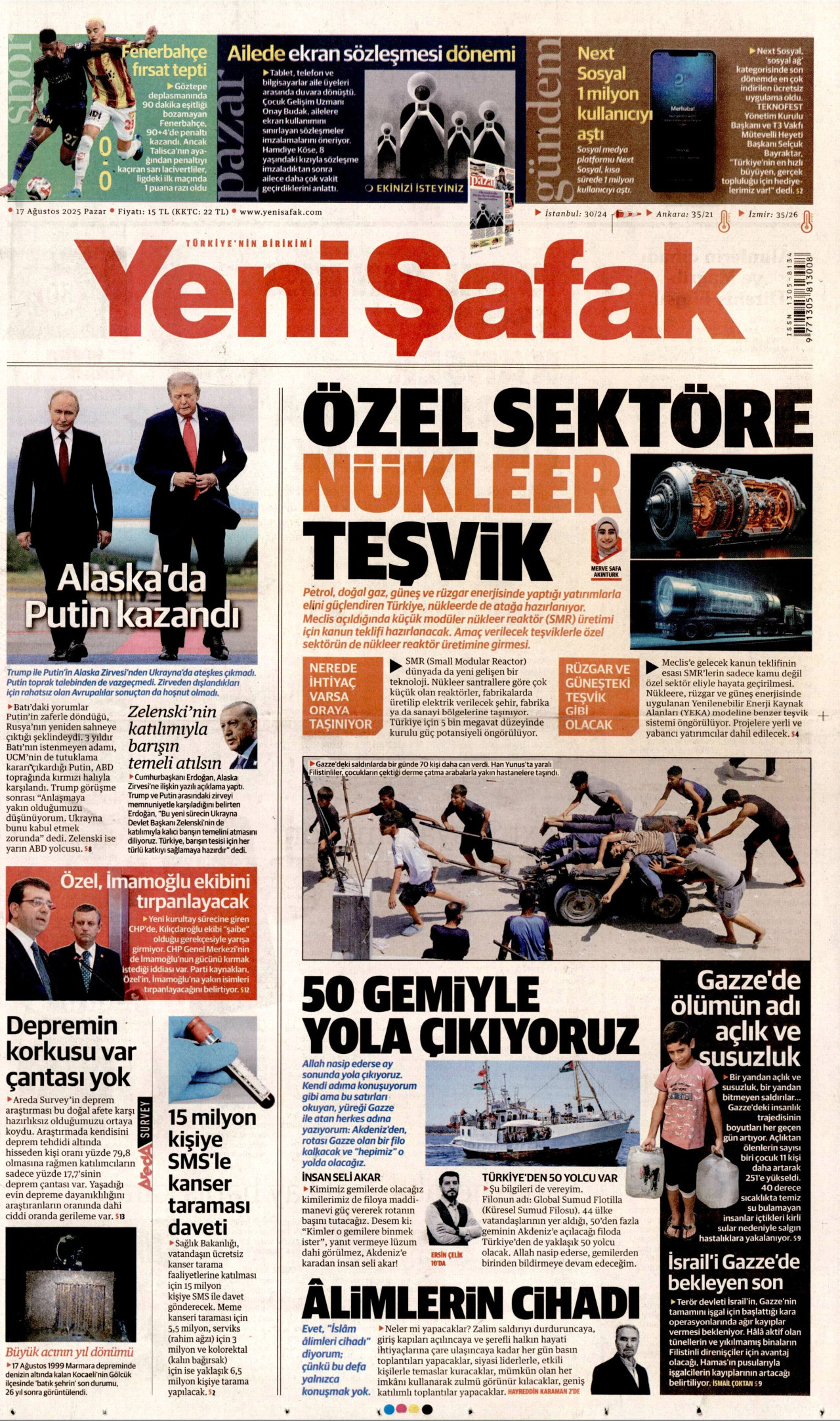 YENİ ŞAFAK gazetesinin 17 Ağustos 2025 tarihli birinci sayfası